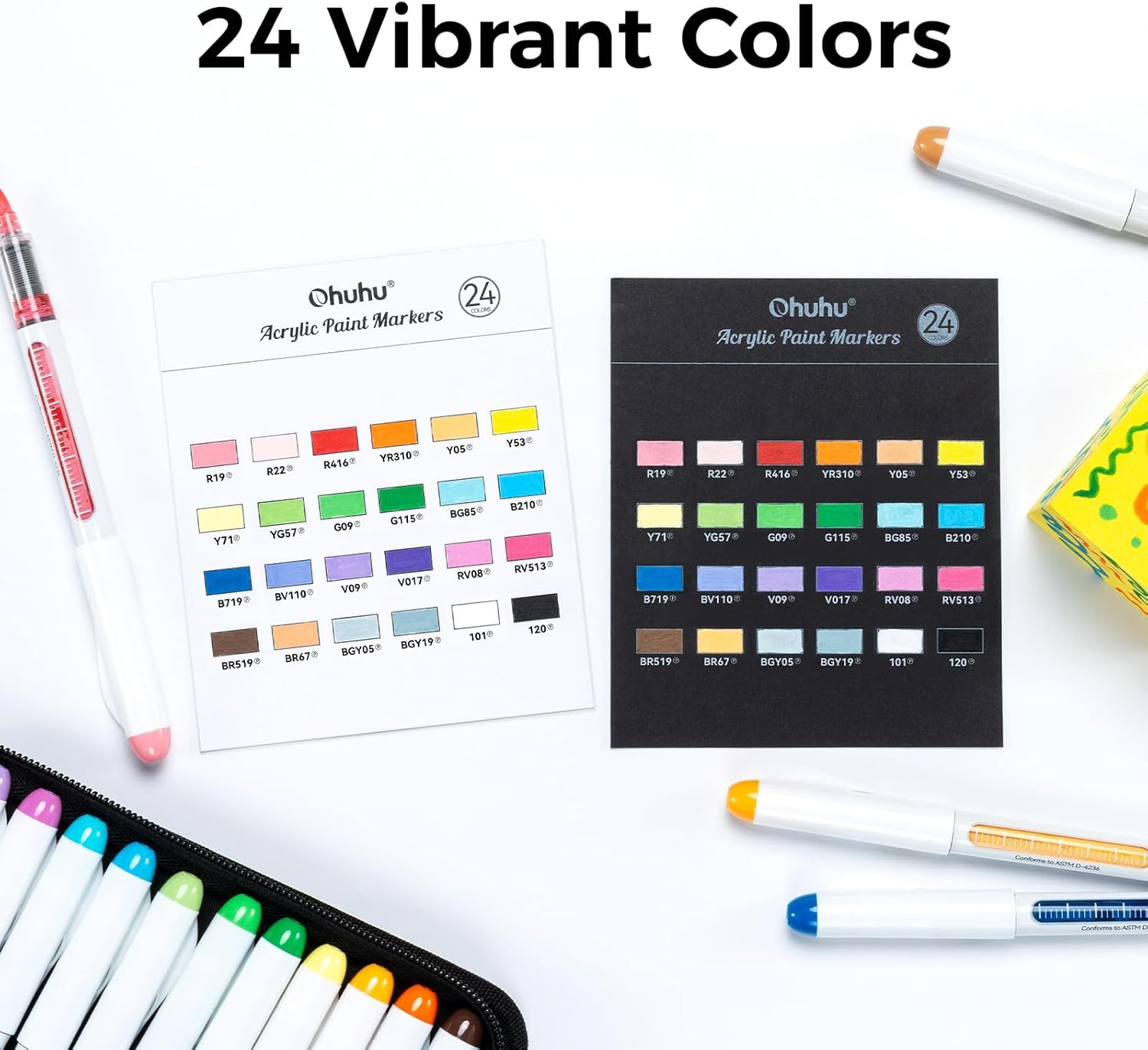 Ohuhu Acrylic Paint Markers Direct Liquid: 24 Colors 1.5MM Brush Tip Acrylic Markers High Opacity Paint Pens Waterproof Lightfast for Rock Painting Easter Eggs Wood Glass Ceramic Canvas - Nahuku