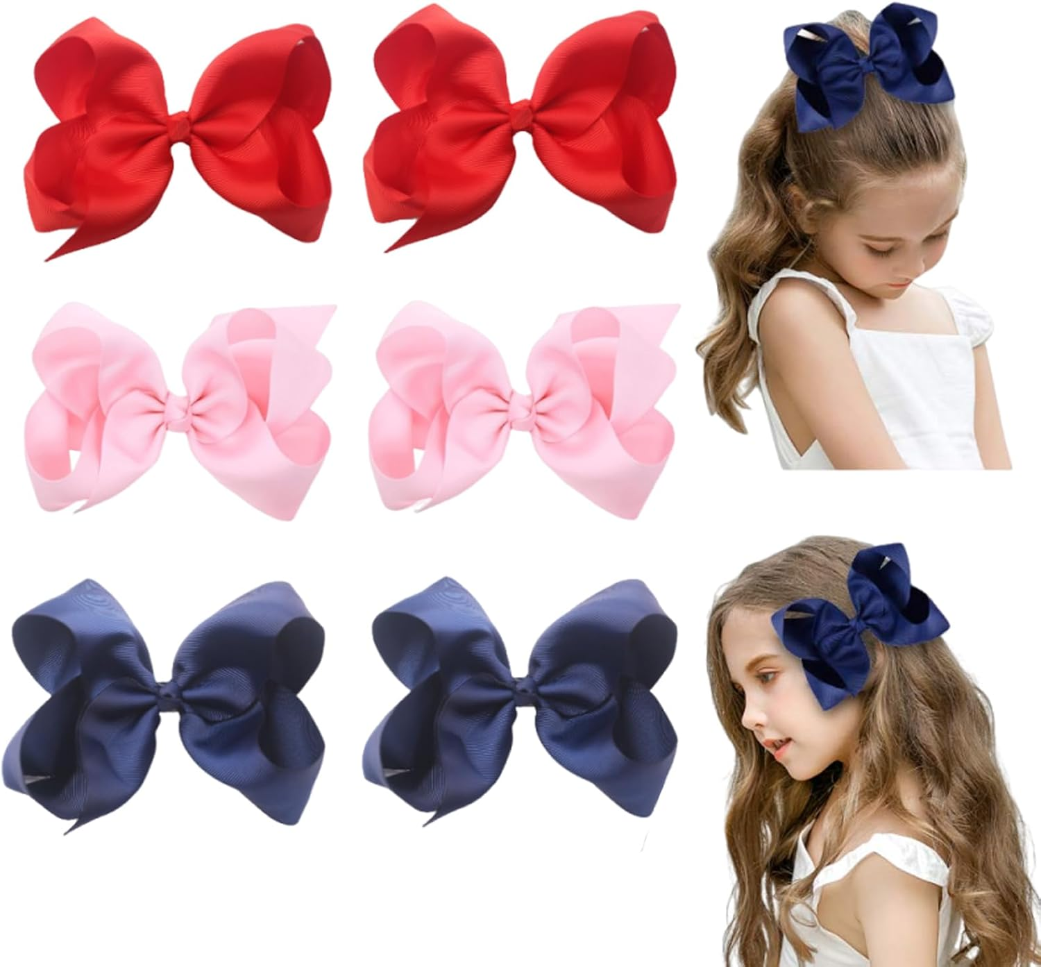 6Pcs 6 Inch Hair Bows for Girls with Alligator Clips - Grosgrain Ribbon Hair Accessories for Baby Girls, Toddlers, Kids & Teens (3 Color Pairs, 6.0" Bows, Barrettes Style) image number 3