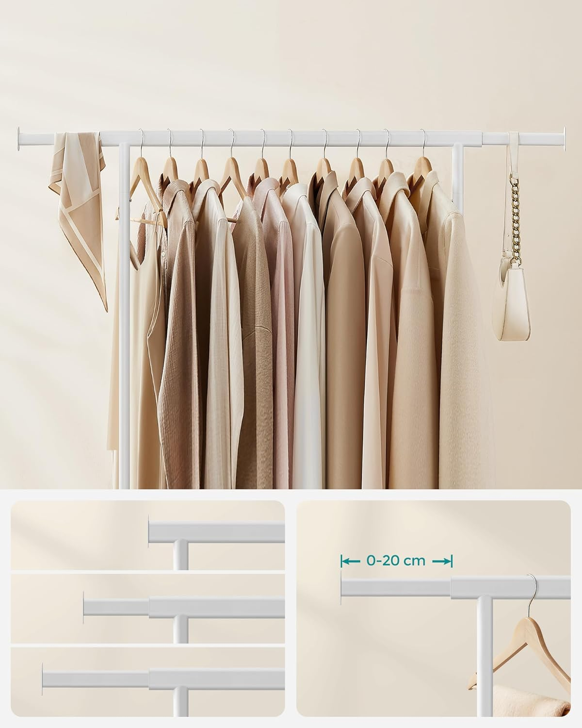 SONGMICS Clothes Rack on Wheels, Heavy Duty Clothes Rail, 45 X (92-132) X 161.5 Cm, with Extendable Hanging Rail, 100 Kg Load Capacity, Easy Assembly, Portable, White HSR013W01 image number 5