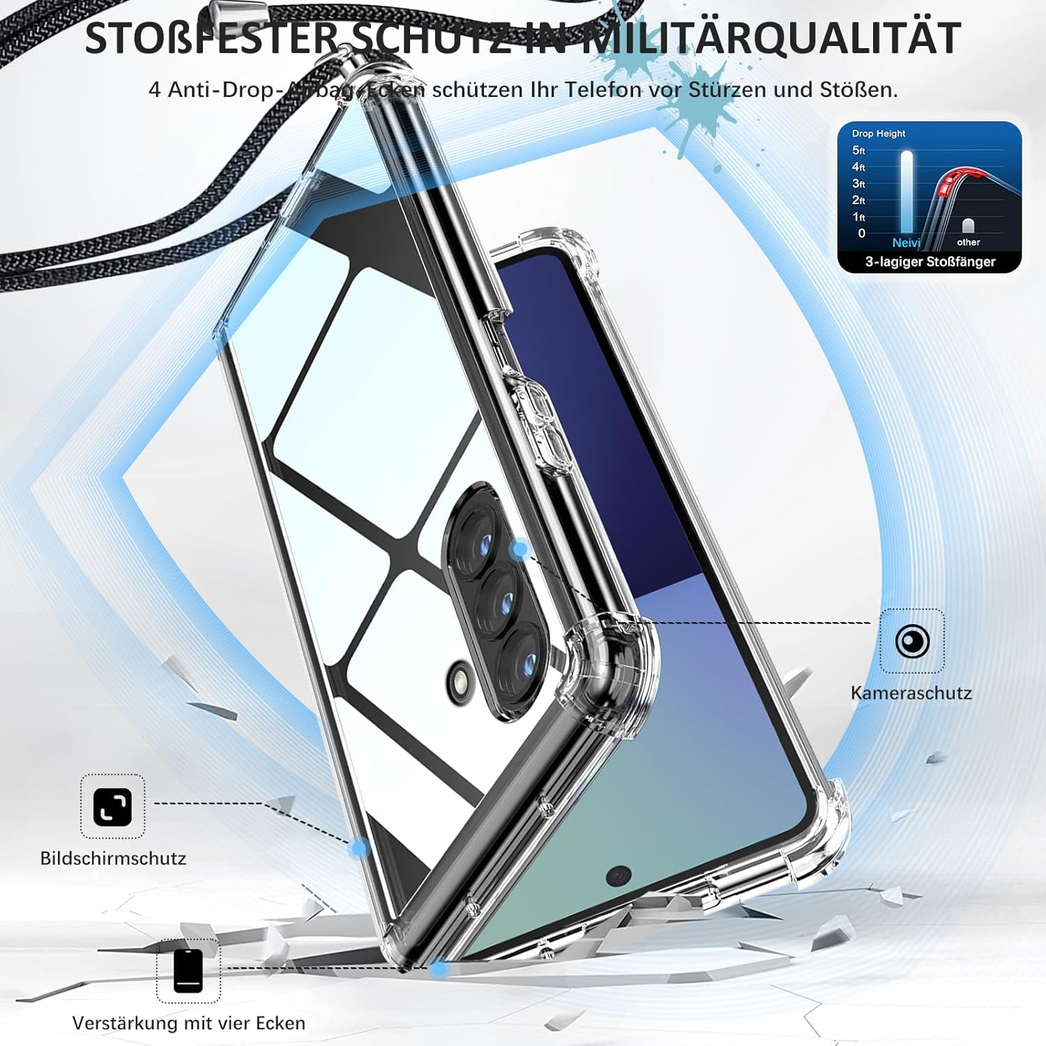 Mobile Phone Chain Case for Samsung Galaxy Z Fold 7, Case with Strap, Transparent Necklace Mobile Phone Case Z Fold 7 with Chain Cord Shoulder Ultra Thin Transparent Protective Case for Samsung Z Fold - Black image number 5