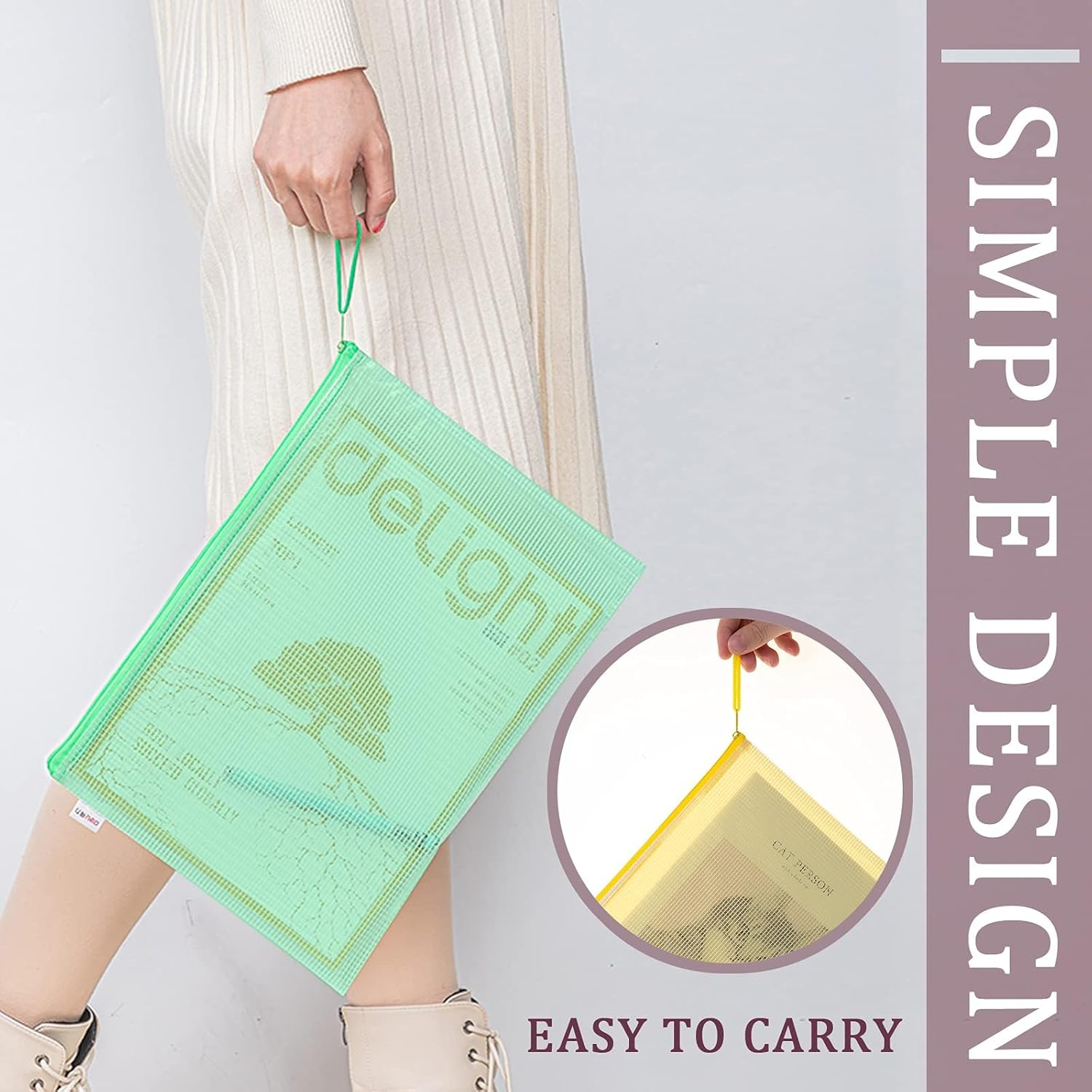 Pack of 10 Mesh Document Bag A3 Size Durable Plastic Zipper File Wallet Rope Hook Design for Paperwork Documents A3 Document Wallet image number 6