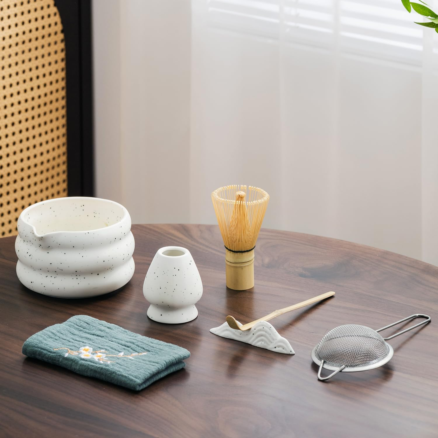 7Pcs Japanese Matcha Tea Set, Matcha Kit with Matcha Bowl (With Pouring Spout), Matcha Whisk, Whisk Holder, Strainer - Elegant Matcha Set for Gifting and Personal Use, Gift Box Packaging (White) image number 3