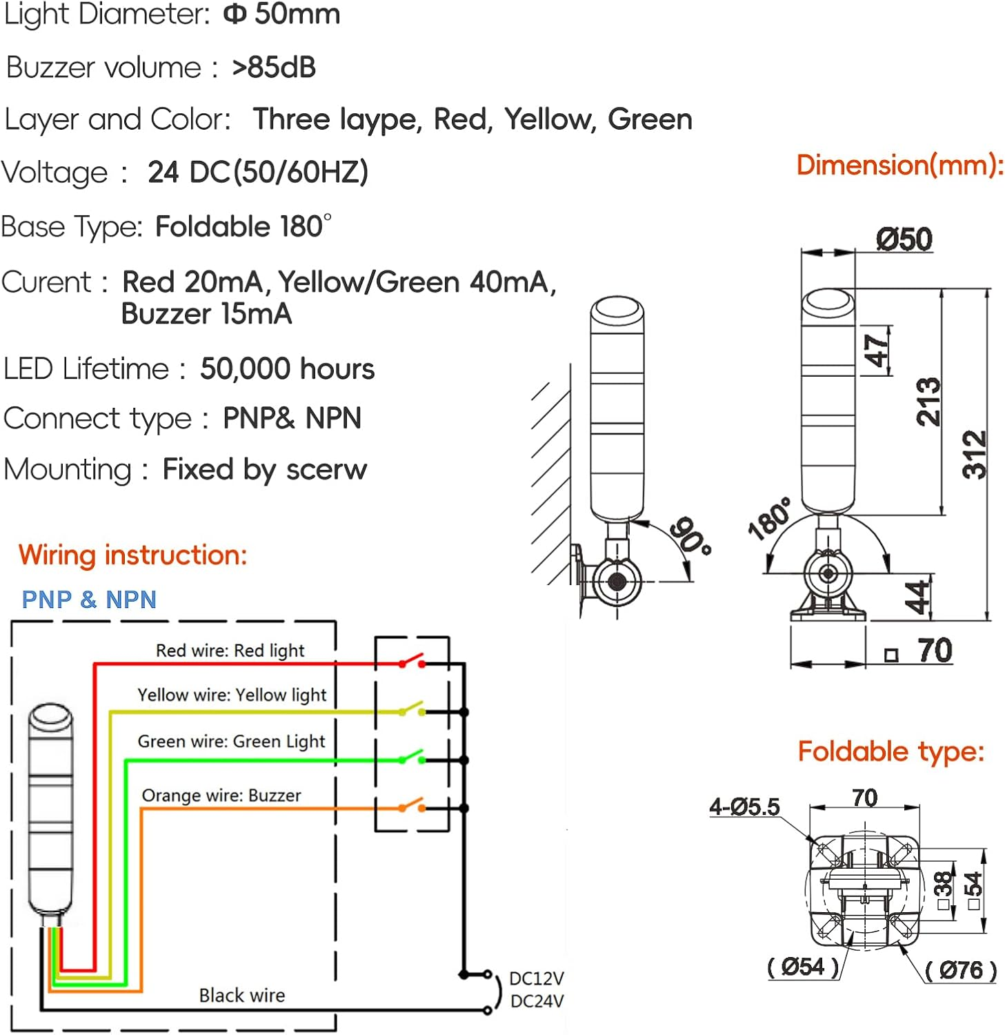 3-Layer Led Signal Tower Stack Lights, Industrial Signal Warning Lights, Column Tower Lamp with Rotatable Base Steady 24V DC/AC with Buzzer