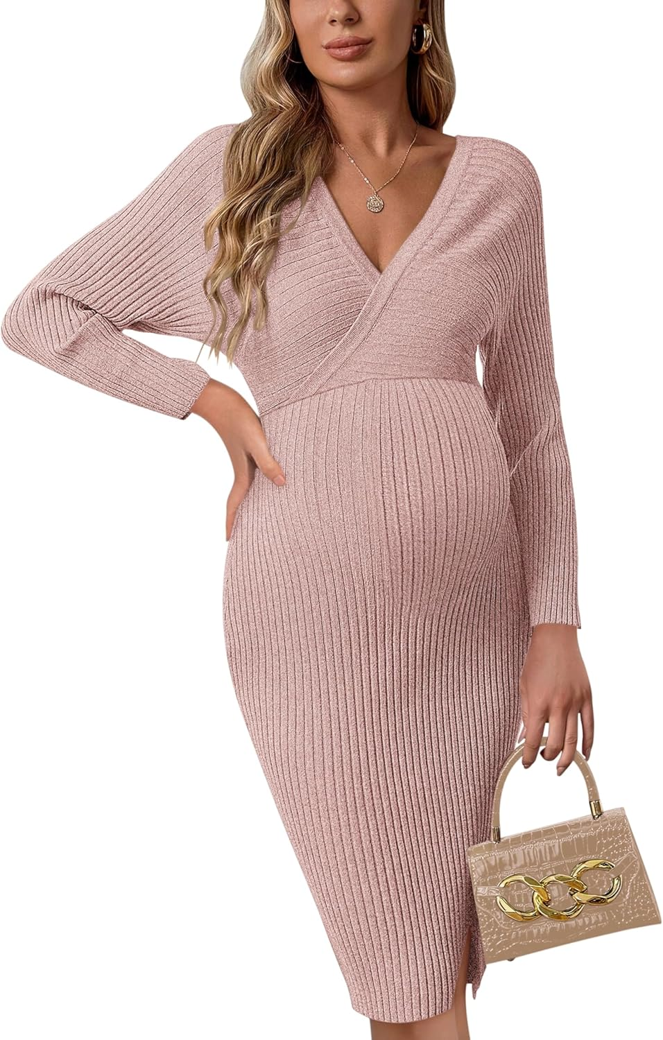 Guruixu Wrap V Neck Maternity Sweater Dress Rib Knit Batwing Open Back Slit Pregnancy Dresses Baby Shower Photoshoot Outfit