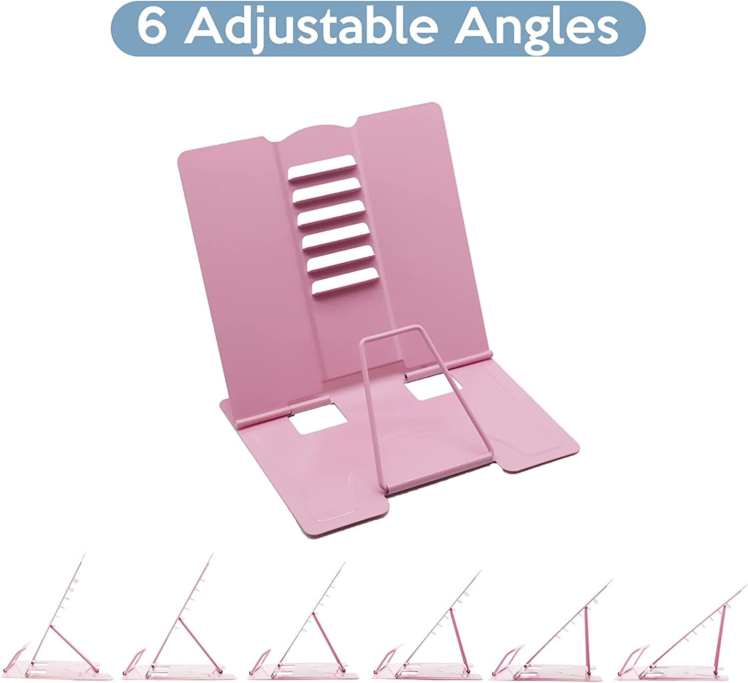 Desk Book Stand Worthplanet Metal Reading Rest Book Holder Lightweight Bookstand with 6 Adjustable Angles and Paper Page Clip for Textbook, Recipe, Magazine, Paper Tablet W160002 (Pink) image number 6