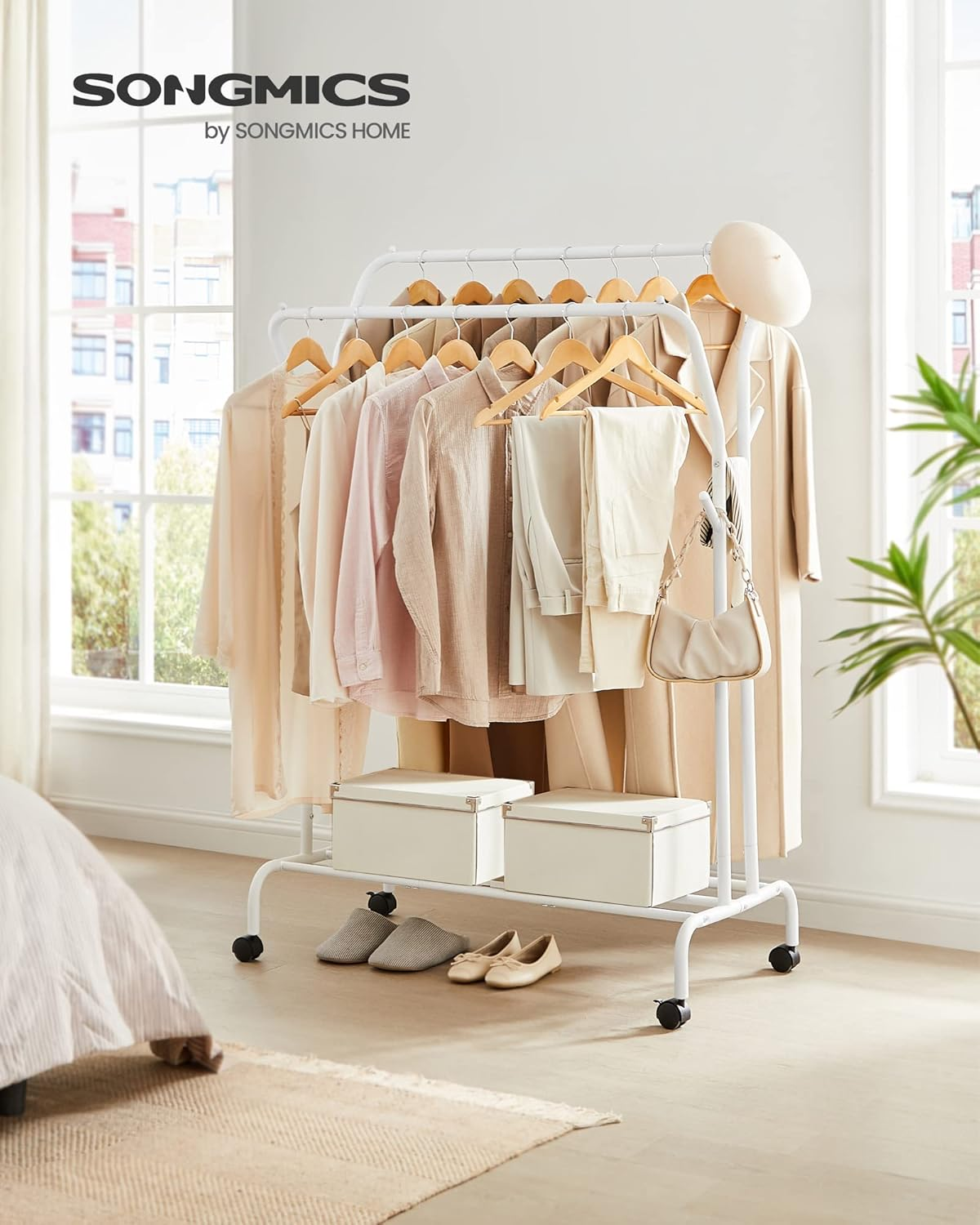 SONGMICS Clothes Rail, Clothes Rack, Double Clothes Hanging Rail, Heavy-Duty Metal Frame, with Wheels and Shelf, 100 Kg Total Max. Load, 103.5 Cm Wide, Clothing Storage, White HSR107W01