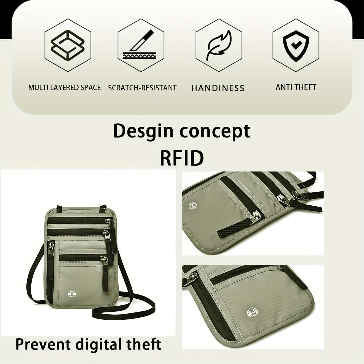 Neck Wallet with RFID Travel Wallet Protection Soft Compartment Passport Organizer, Lightweight, with Adjustable Shoulder Strap for Smartphone, Passport and Cash Cards (Grey) - Black image number 3