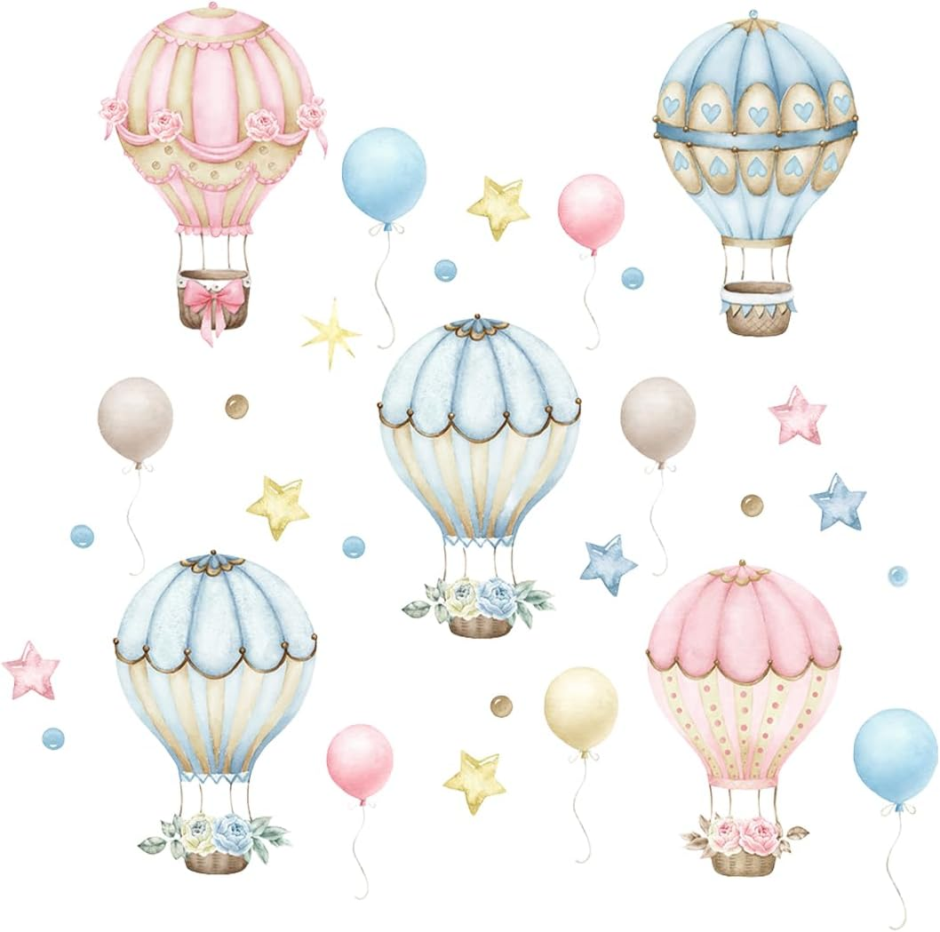 Sgphrzlt 2 PCS Glow in the Dark Hot Air Balloon Nursery Decor Stickers, Vinyl Peel and Stick Wall Decals, Removable Colorful Art Stars Artwork Decoration for Girls Boys Bedroom Playroom Ceiling image number 4