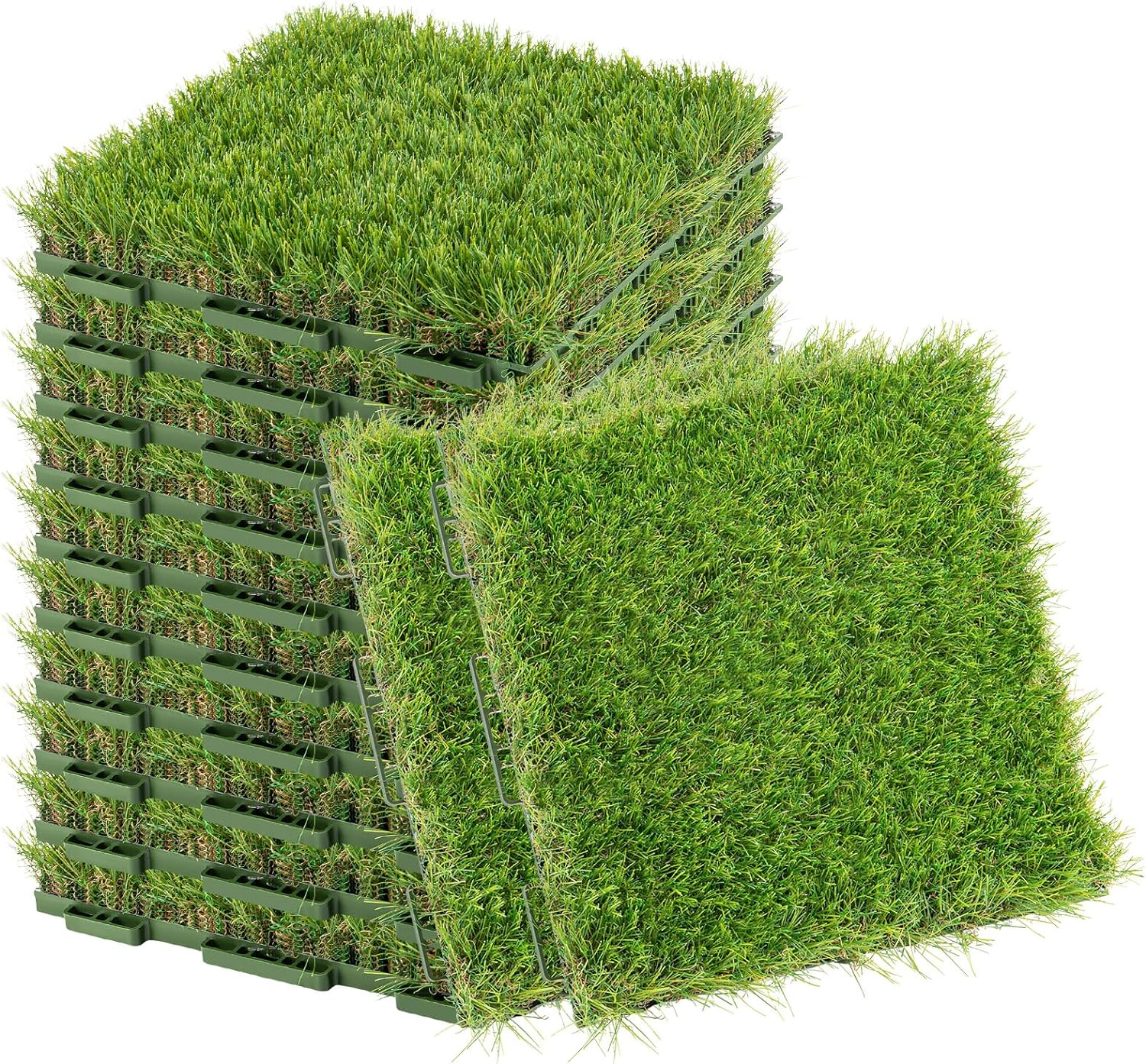 GROWNEER 1.57" H Interlocking Artificial Grass Tiles, 12" X 12" 12 Pcs Fake Grass Deck Turf Tiles with Upgrade Interlocking System Self-Draining for Pet Indoor/Outdoor, Backyard, Patio image number 5