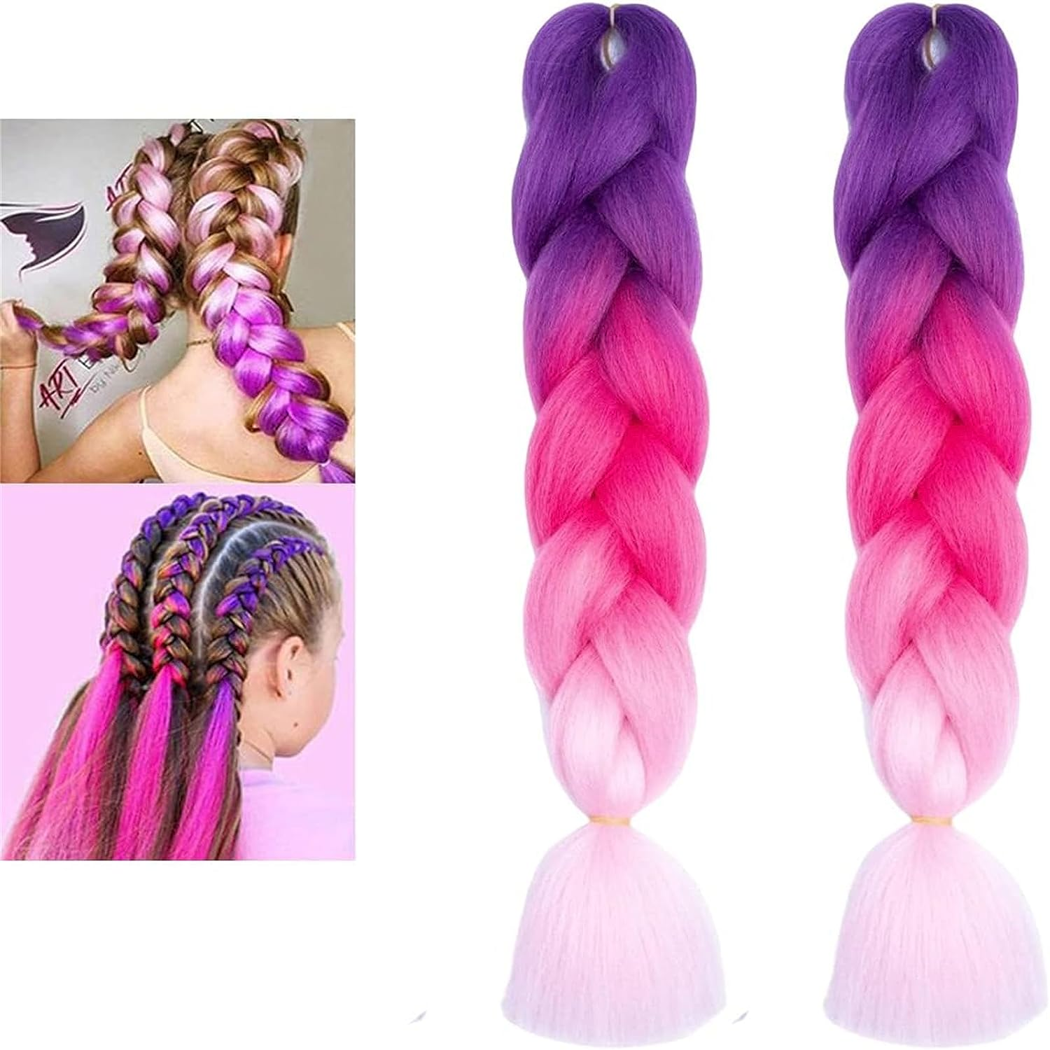 2 Packs of Colored Braids Hair Extensions Braid Synthetic Fiber 3 Tone Colored (Purple-Rose Pink-Pink) image number 5