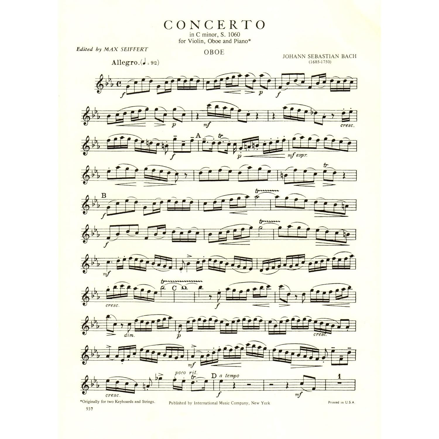 Bach, J.S. Concerto in C Minor, BWV 1060R Violin Oboe and Piano/ Two Violins and Piano Max Seiffert image number 2