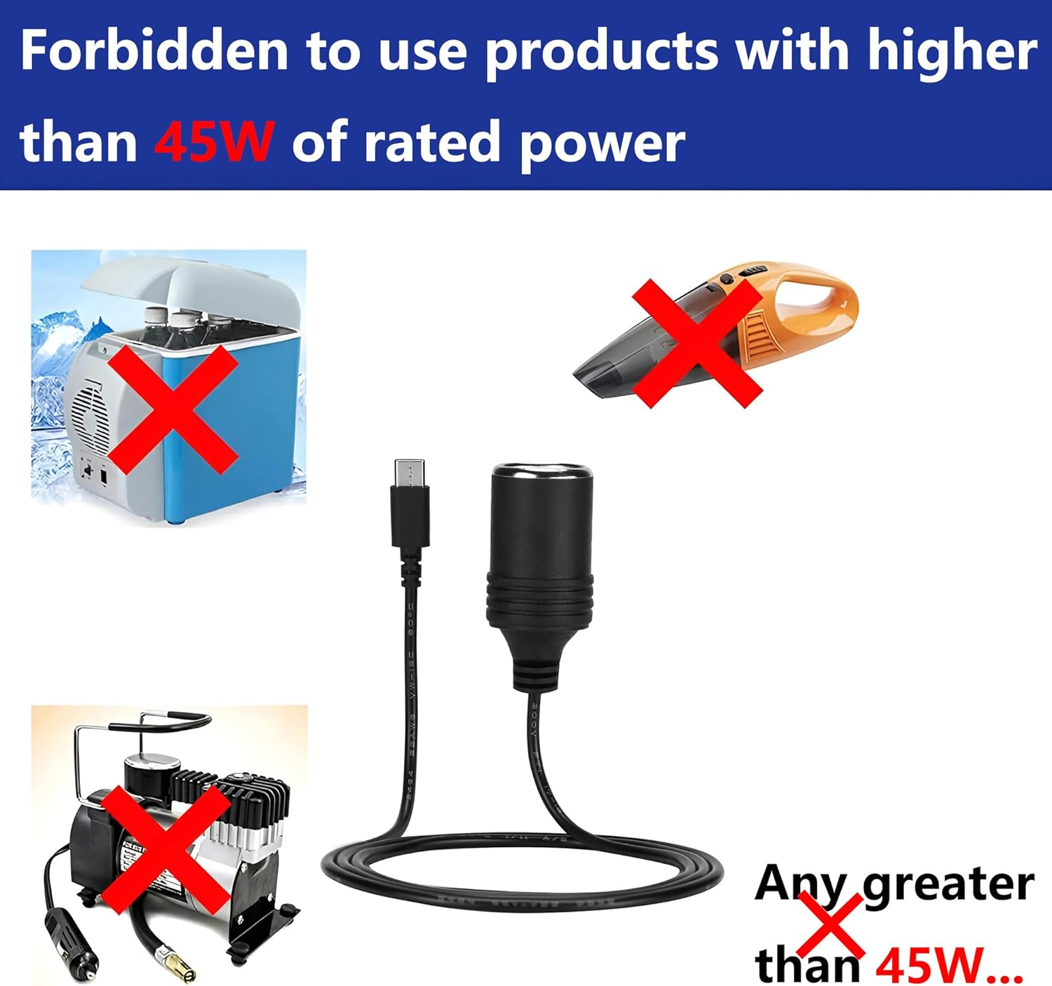 USB C PD 45W 12-15V/3A Type C Male to Cigarettes Lighter Socket Female Converter Cable 1M for GPS DVR Car Camera image number 6