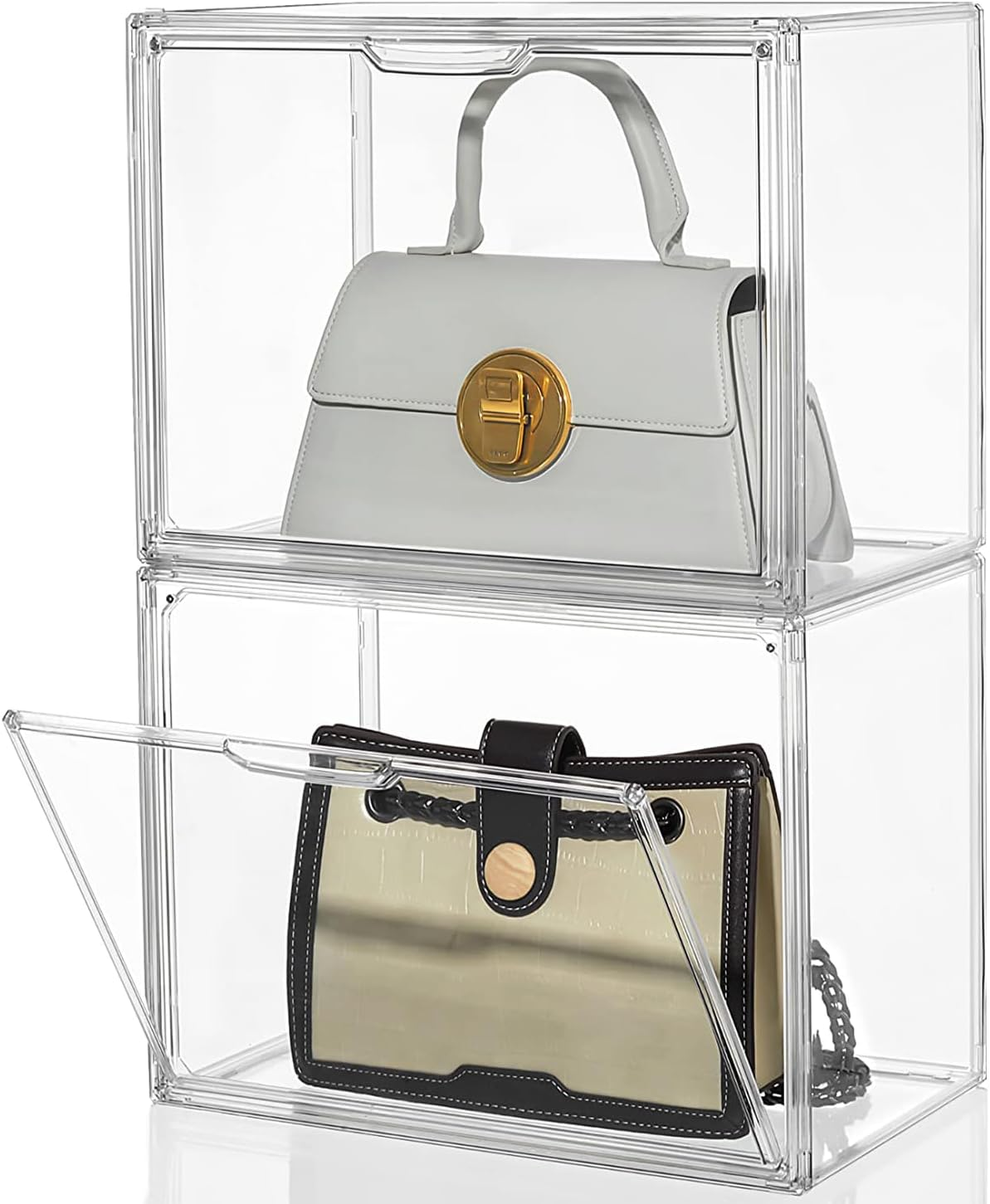 2 Pack Purse Storage Organiser, Acrylic Display Handbag Storage Case for Closet, Clear Plastic Stackable Storage Boxes Bag Organizer with Magnetic Door for Wallet image number 3