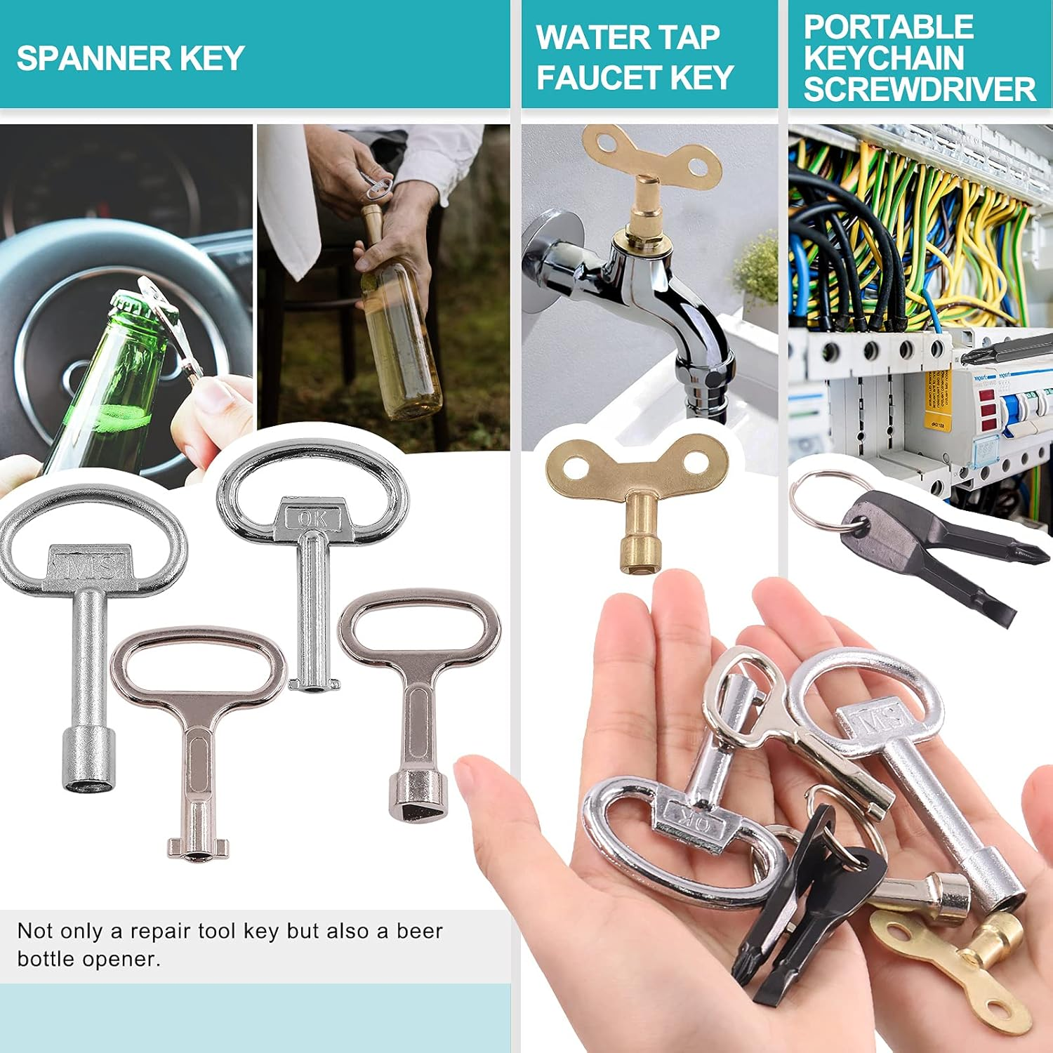 Cimeton 12Pcs Multi Functional Utility Tool Key Kit Including Two Types 4 Way Cross Keys, Two Keychain Screwdriver, Four round Triangle Electrical Spanner Key, Five Water Tap Faucet Keys and Key Ring image number 2