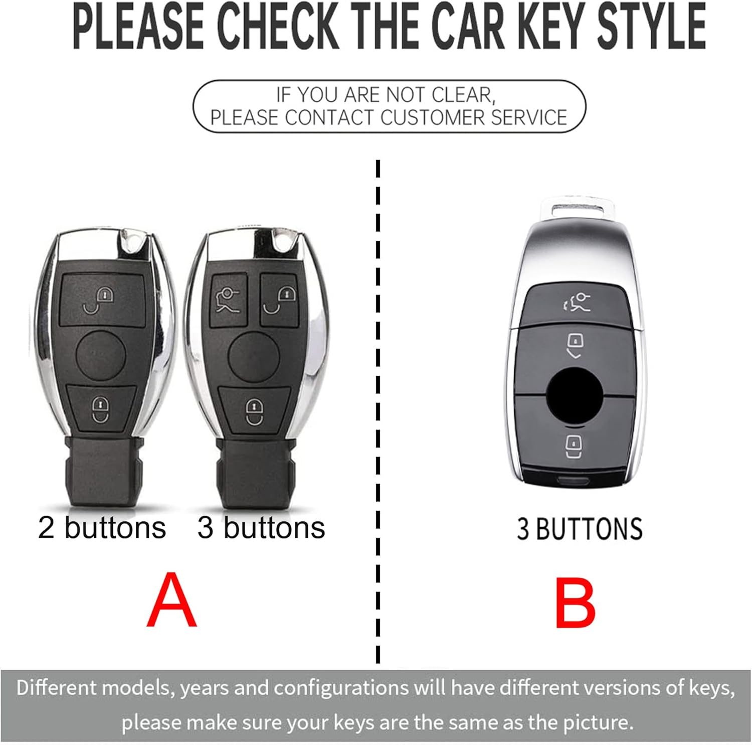 Ontto Luminous Car Key Fob Cover Fit for Mercedes Benz a C E-Class E300 E400 E63 S-Class CLA GLA GLE GLC GLK AMG Key Holder Meatl Silicone Smart Shell Case Keyring Keychain Accessories Black B - A (2 Buttons)-Silver image number 7