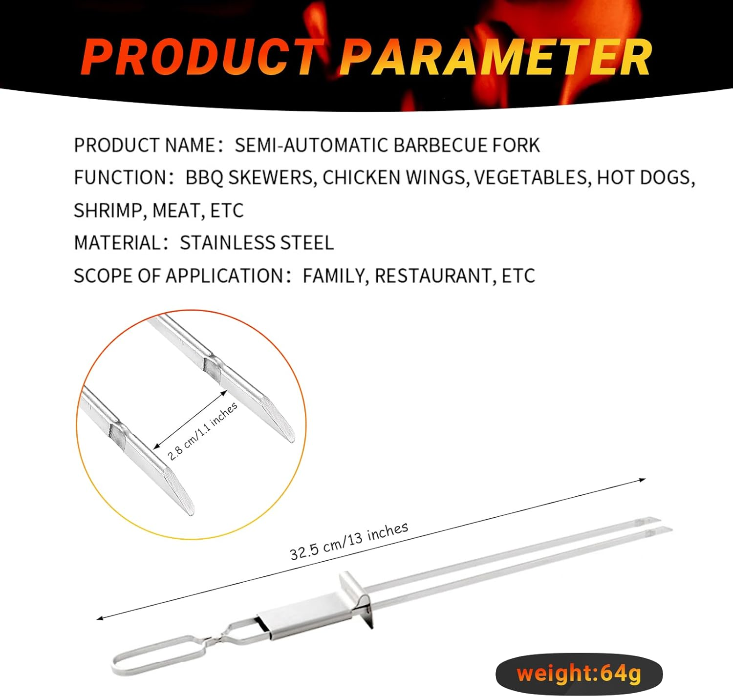 JOWILIN Kabob Skewer for Grilling, 6 Pcs 33CM/13'' Double Pronged Flat BBQ Skewers with Push Bar, Reusable Shish Kebab Skewers, Stainless Steel Kebab Tools for Camping, Barbecue for Meat, Vegetable