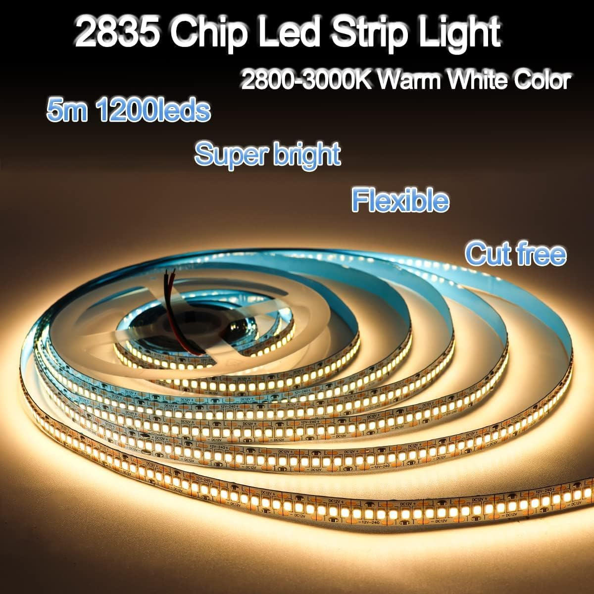Tyun 12 V LED Strip Light, 1200 Leds, Warm White, 3000 K, 5 Metre Strip, Flexible Strip Light, SMD 2835 IP20 Strip Light for Garden, Bedroom, Kitchen Decoration - 24 V Natural White 4000 K image number 6