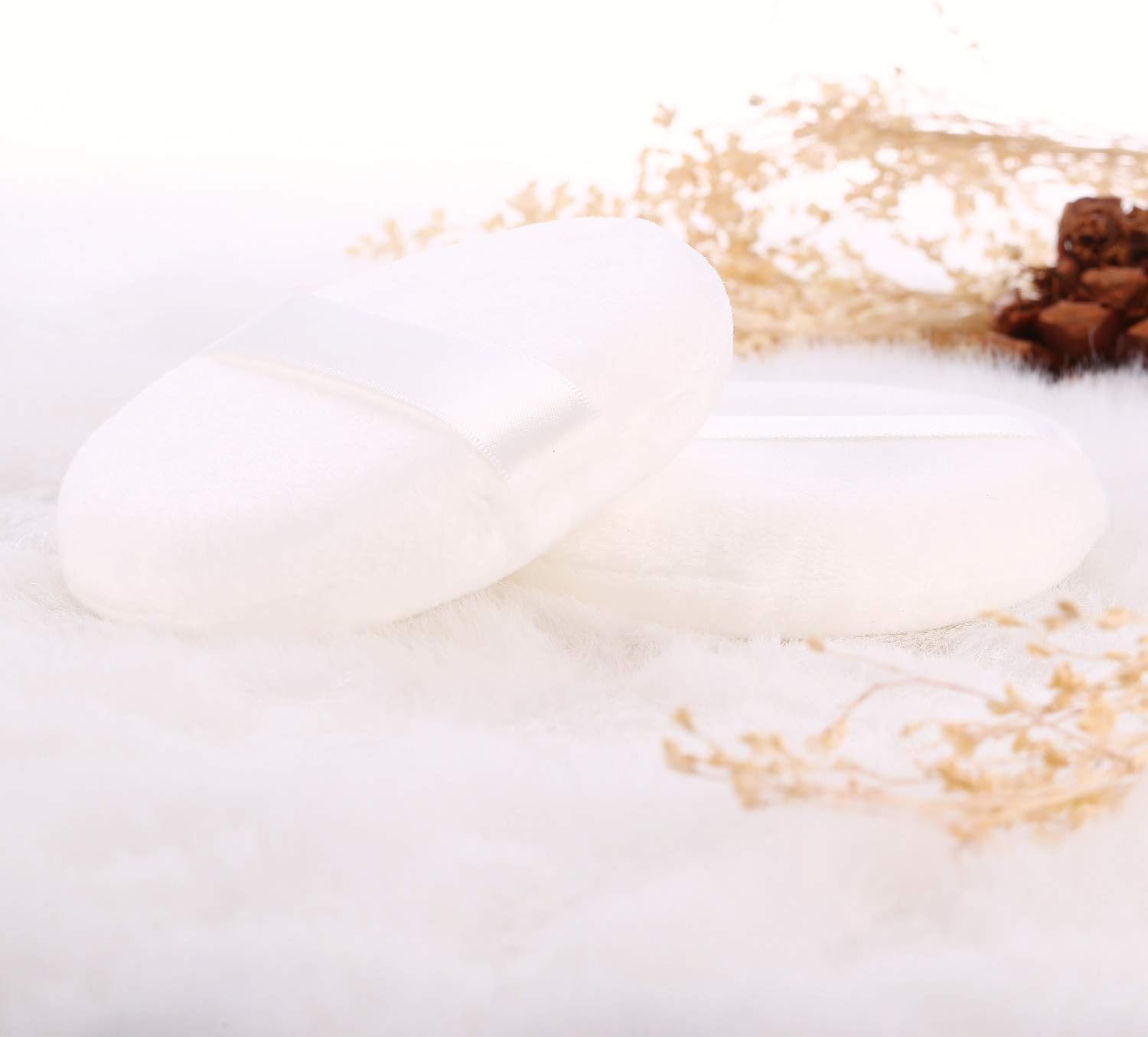 Large Loose Powder Puff, 4.13 Inch Ultra Soft Velour Body Puff with Ribbon - 2Pcs, White, Round image number 5