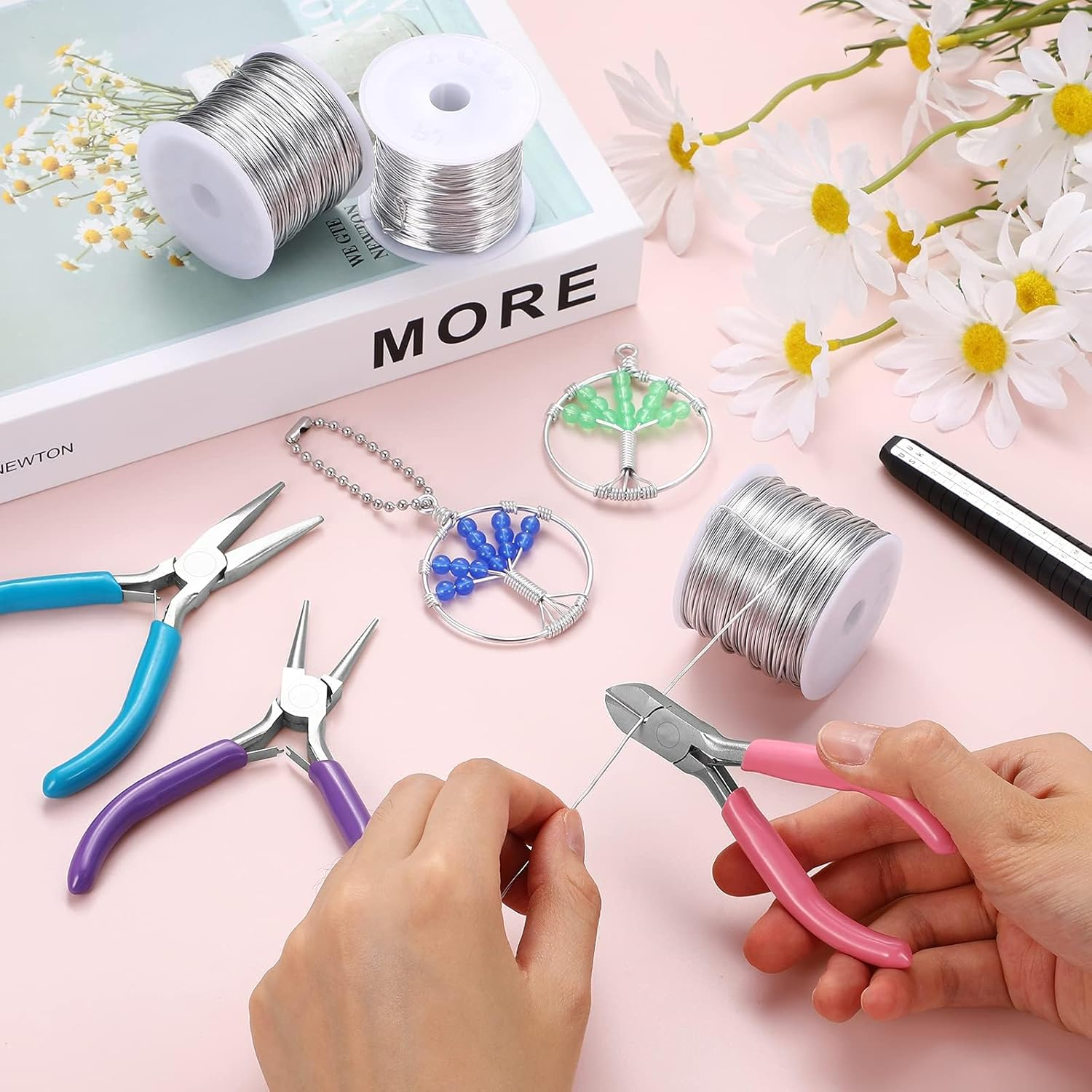 3 Rolls 18/20/22 Gauge Craft Jewelry Wire Aluminum Wire with Ring Sizer Pliers for Jewelry Making (Silver) image number 1