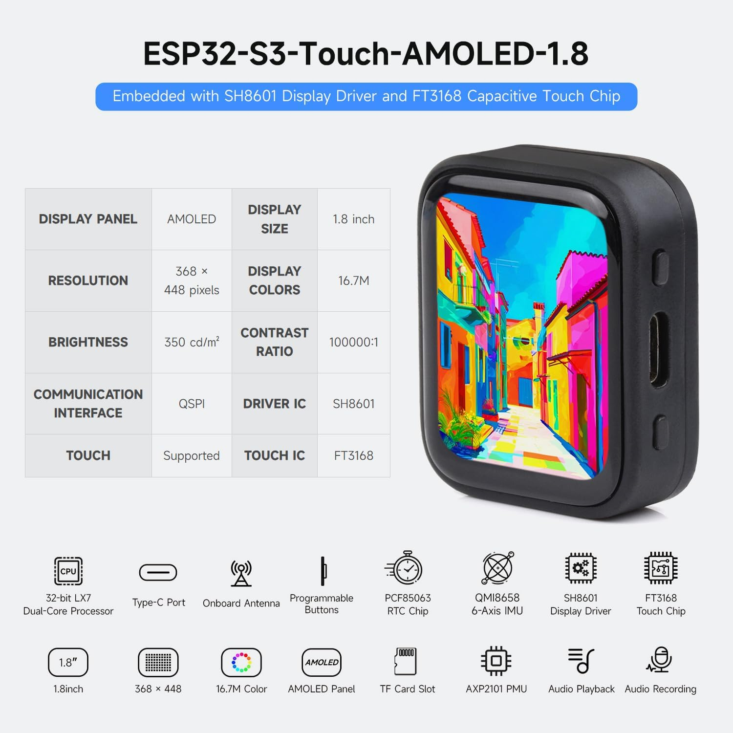 Waveshare ESP32-S3 1.8Inch AMOLED Touch Display, Embedded with SH8601 Display Driver and FT3168 Capacitive Touch Chip, ESP32 with Display,32-Bit LX7 Dual-Core Processor, 368&times;448 Pixels
