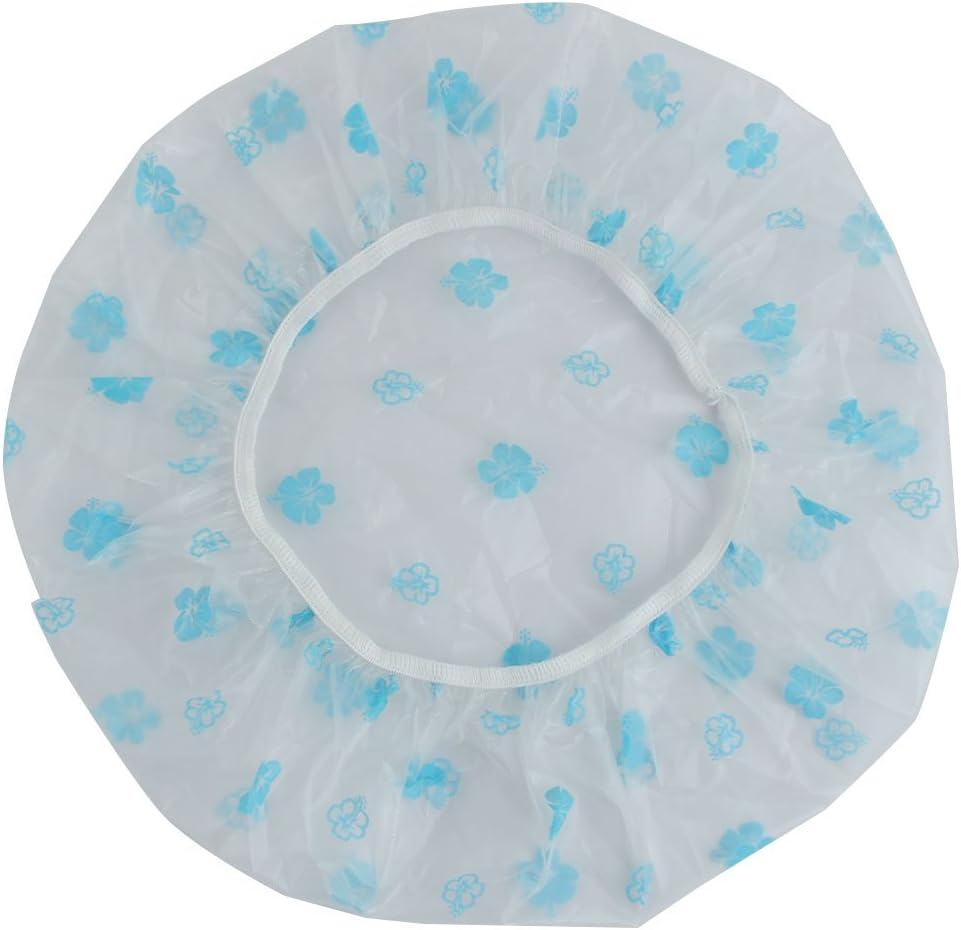 Ruilogod Nylon Flower Print Foldable Shower Cap Hat for Woman Lady Blue
