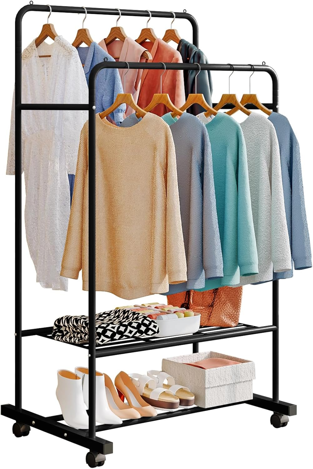 Untyo Clothing Rack with Wheels Double Rails Clothes Rack Rolling Rack for Indoor Bedroom Clothes Rack Max Load 110LBS Shelf on Wheels(Balck)