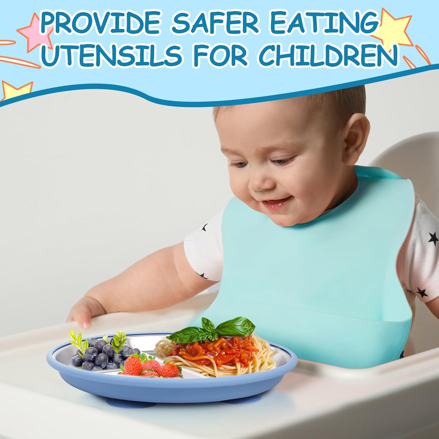 Stainless Steel Baby Plates with Suction,9&rdquo; Divided Plates Silicone Sleeve for Kids,Metal Toddler Plates BPA Free, Children Feeding Unbreakable Dishwasher Safe Set of 2 (Blue and Grey) image number 3