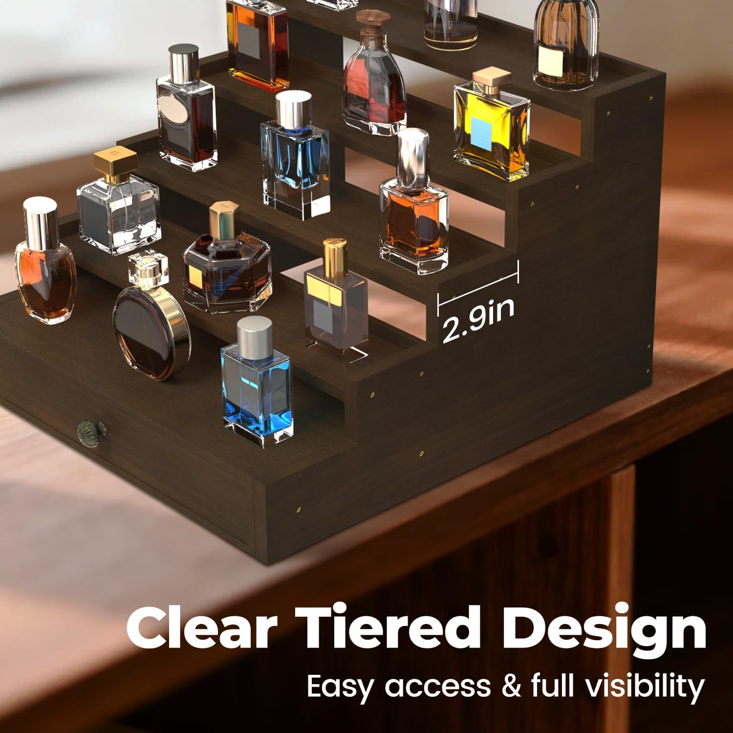 Esluker.Ly Perfume Organizer Cologne Holder Stand for Men, Wooden Cologne Display Shelf for Bedroom Dresser Countertop, 5 Tier Large Capacity Storage Rack with Drawer, Keep Fragrance Neat & Accessible image number 1