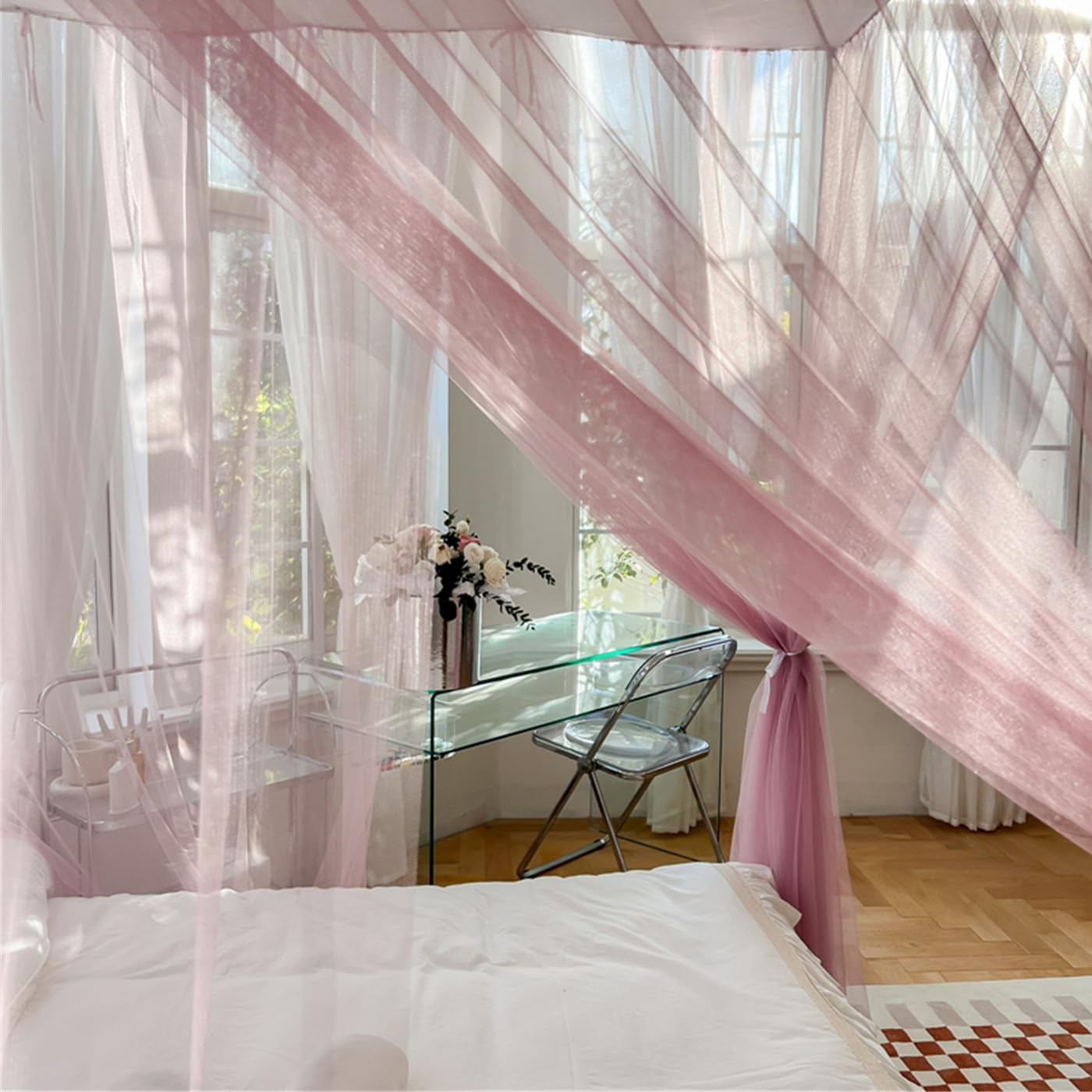 Mosquito Net for Bed Canopy 4 Corners Post, Elegant Square 4 Openings Canopies Bedroom Ceiling Curtains Drapes for Twin/Queen/King Bed Room Decor Wedding Nursery Indoor Outdoor image number 4