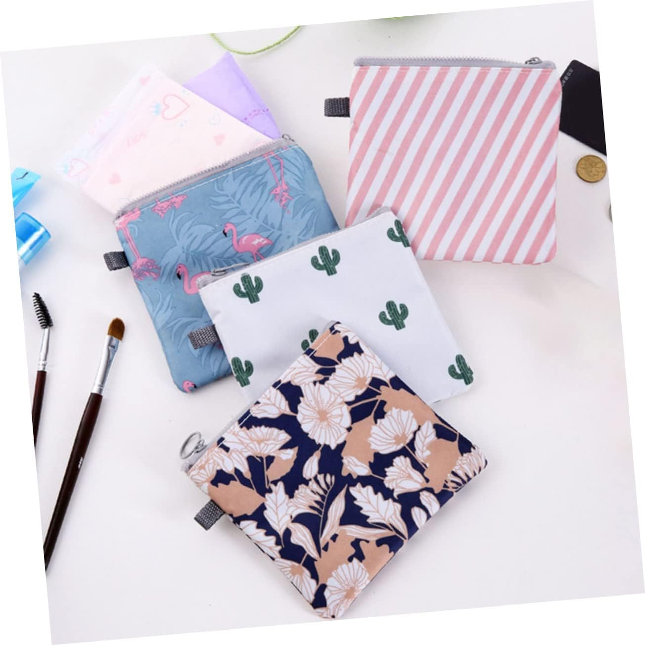 CTIRCHIU 4Pcs Zipper Period Bags Portable Sanitary Napkin Storage Pouches with Cute Cactus Flamingo Stripe Floral Designs Tampon Holder for Purse Travel Essentials image number 3