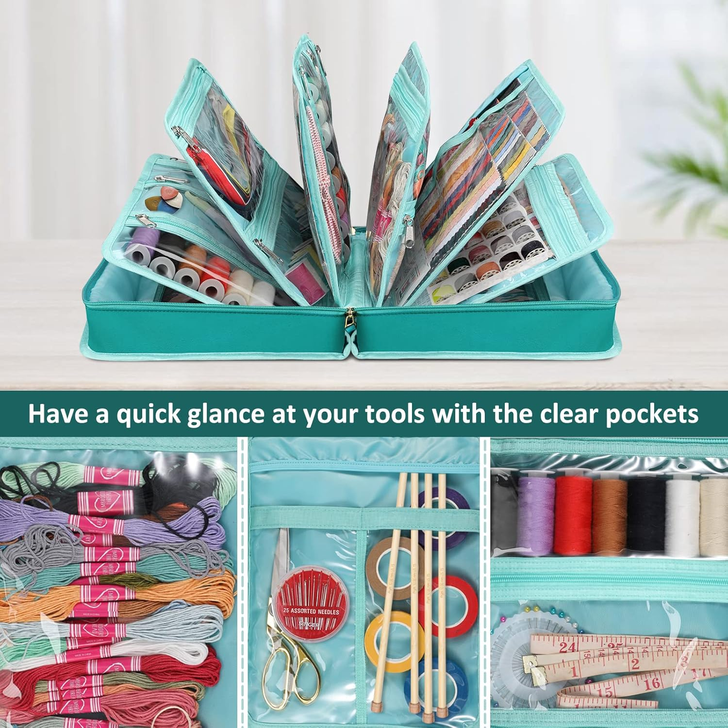 FINPAC Sewing and Craft Supplies Storage Tote, Large Capacity Travel Packing Organizer Bag with Clear Pockets and Handle for Knitting, Crochet, Art, Sewing Accessories - Blooming Hibiscus image number 3