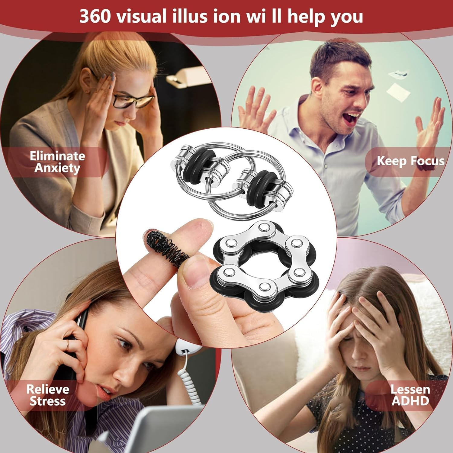 8 Pcs Fidget Toys for Adults & Kids &ndash; Stress Relief Sensory Toys Set Includes Bike Chain Fidget Spinner, Mesh & Marble, Roller Chain | Quiet ADHD Anxiety Toys for Classroom, Office | Easter Gifts - Black image number 6