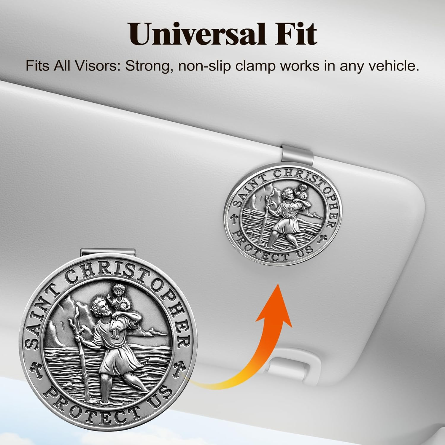 Ploreway St. Christopher Medal for Car, Metal Saint Christopher Visor Clip, Talisman for Safety, Automotive Visor Accessories, Gift for Drivers, Families, Friends image number 3