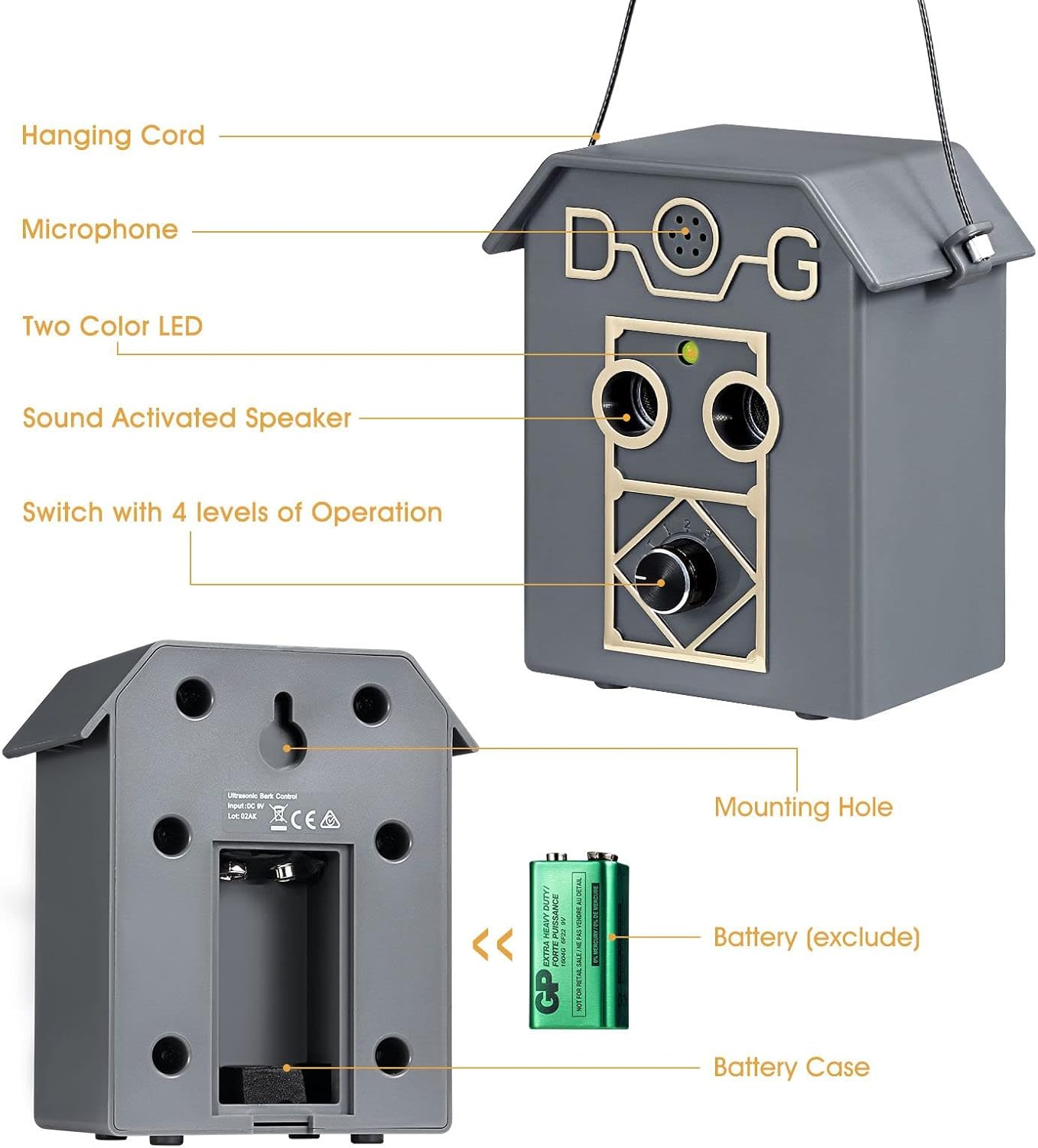 Pet Scene Dog anti Barking Device Stopper Clicker Ultrasonic Stop Bark Repeller Deterrent Control Silencer 15M Range 4 Levels Waterproof Birdhouse Shape - Grey image number 4