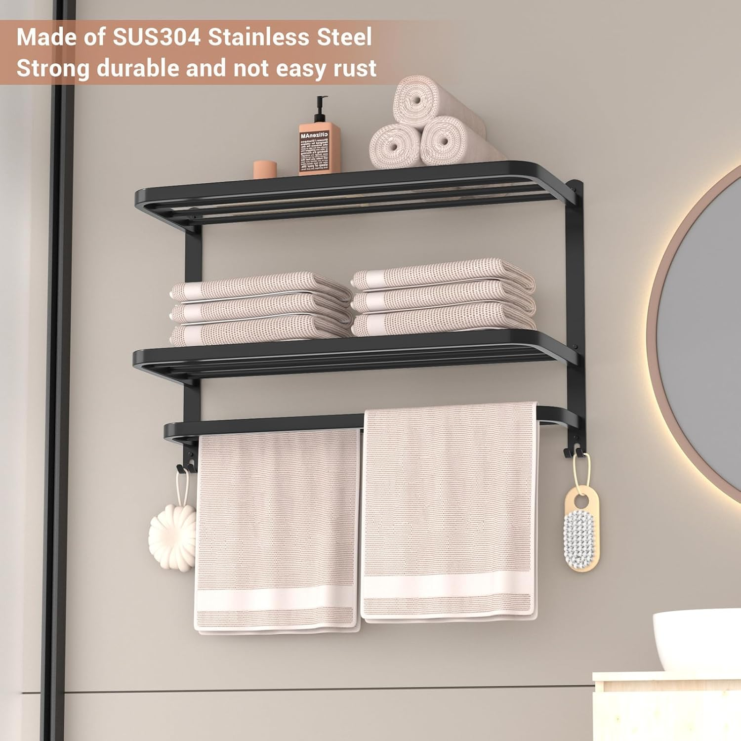 DDS-DUDES 3-Tier Black Towel Racks for Bathroom with Towel Bars Multilayer Hotel Towel Shelf Stainless Steel Wall-Mounted Matte Finished Holder with Towel Shelves 23 Inches image number 1