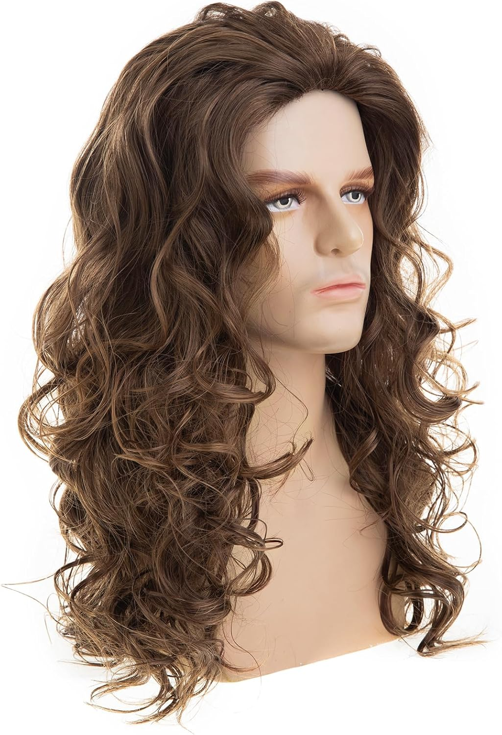 Beweig Mens Brown Long Curly Wavy Wig Middle Part Synthetic Heat Resistant Daily Party Costume Halloween