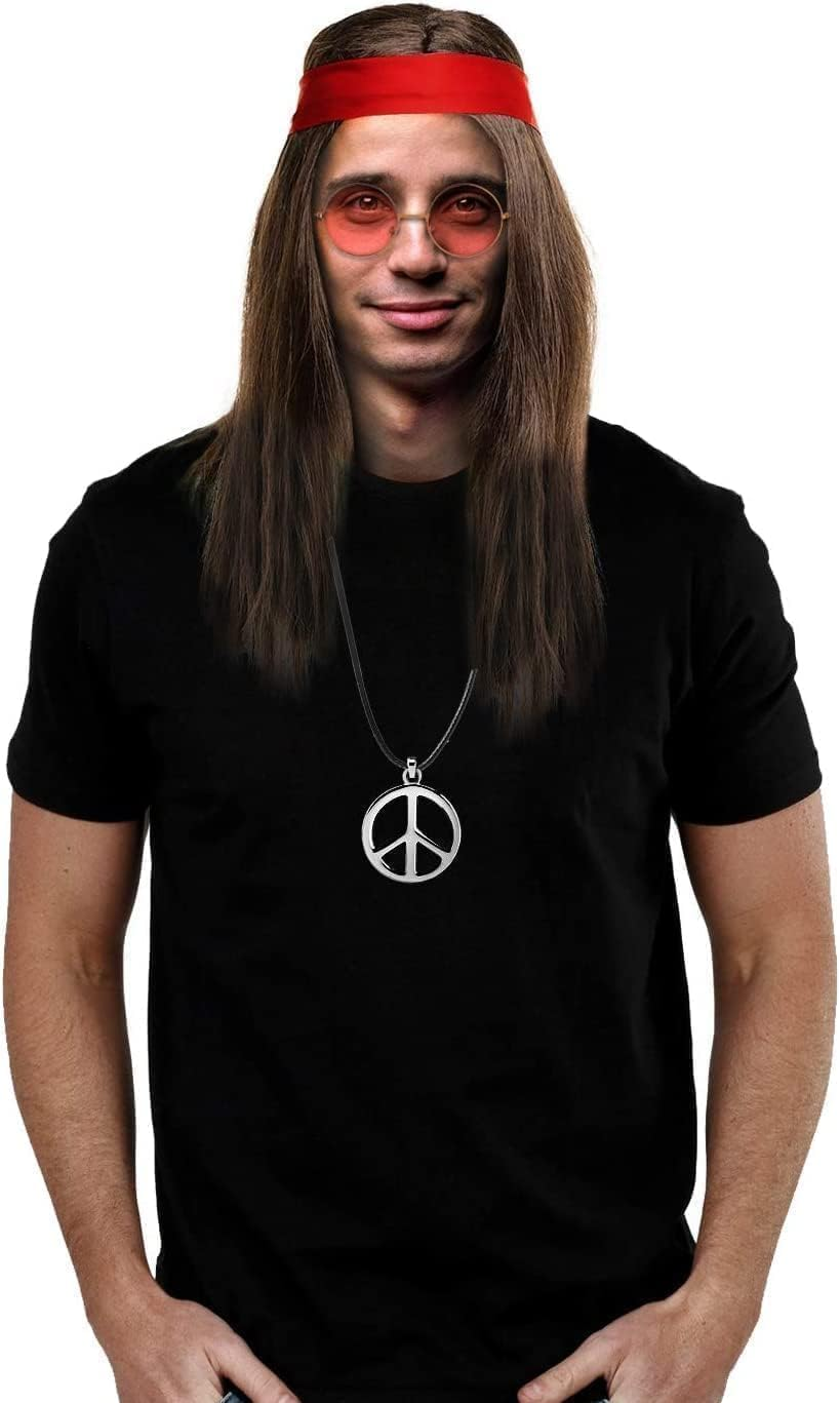 Slowton Hippie Accessories for Men - Retro Disco Outfit for Adult with Brown Wig Red Bandana Glasses and Peace Necklace, Men'S 80S Vintage Fancy Dress for Halloween Party 80S 90S Disco Party