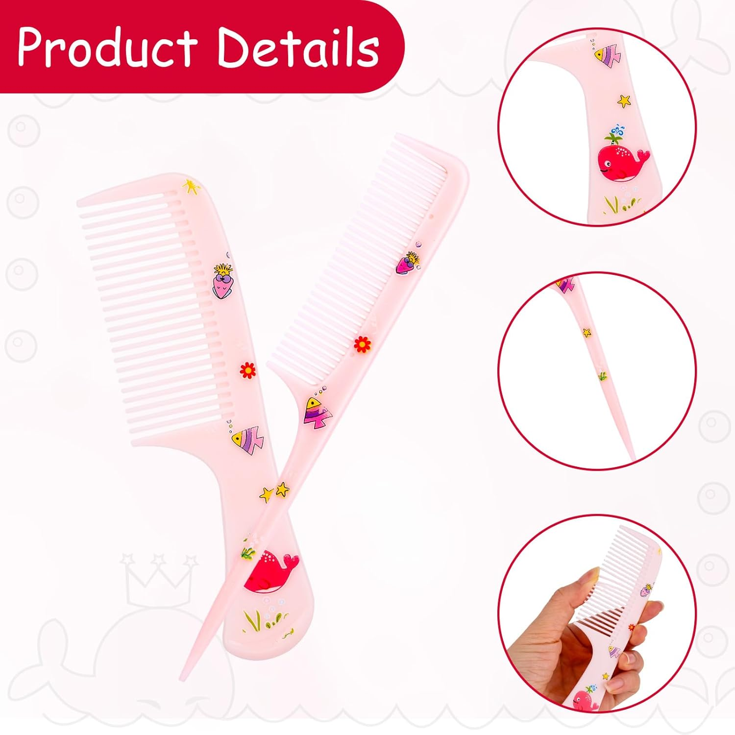 2Pcs Cute Hair Comb Set, Fine Tooth & Rat Tail Styling Comb Mini Baby Plastic Hairbrush Tools Accessories for Toddlers Kids Women All Hair Types (Pink Whale) image number 6