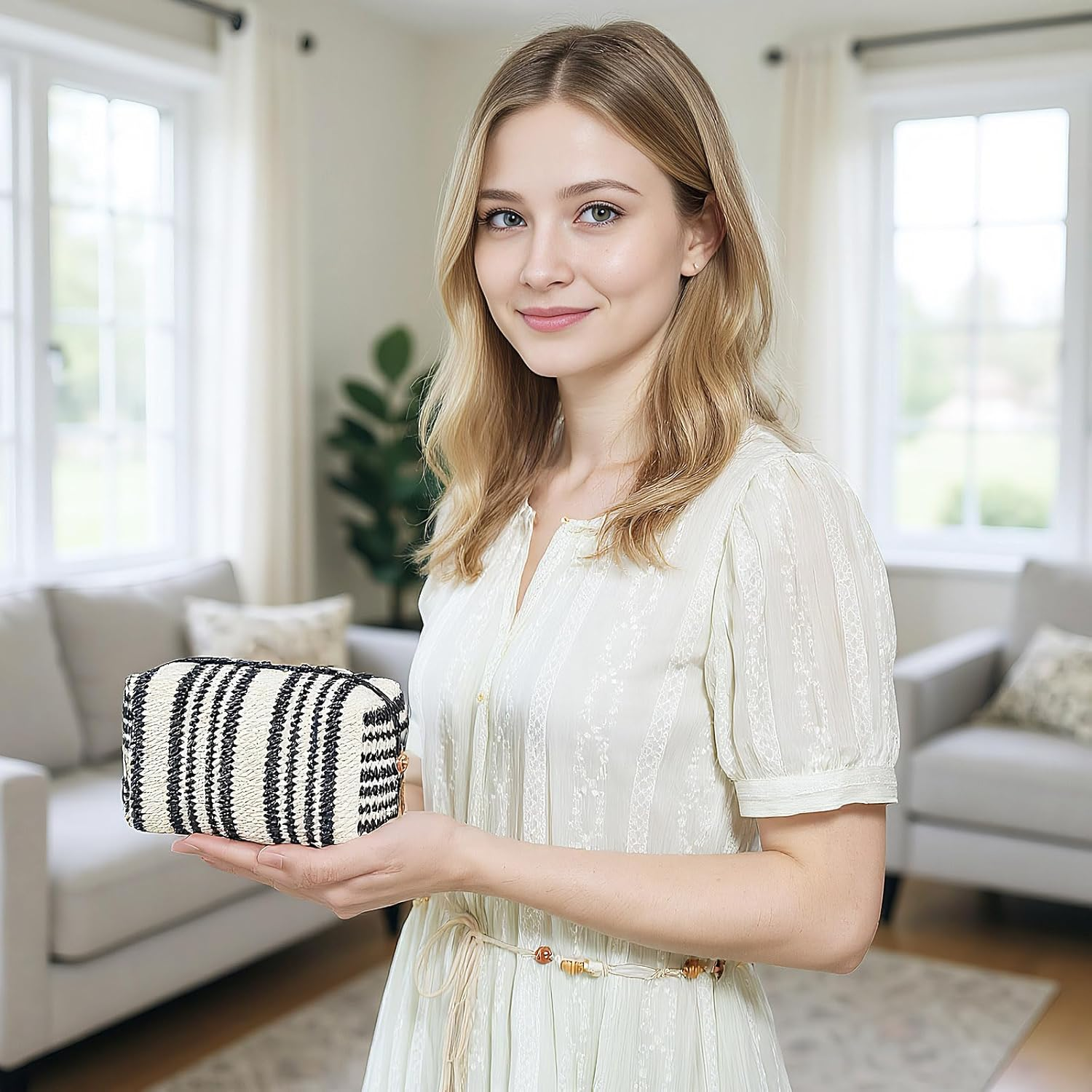 Small Woven Cosmetic Makeup Pouch Bag, Travel Toiletry Bag for Women (Vertical Stripe) image number 2