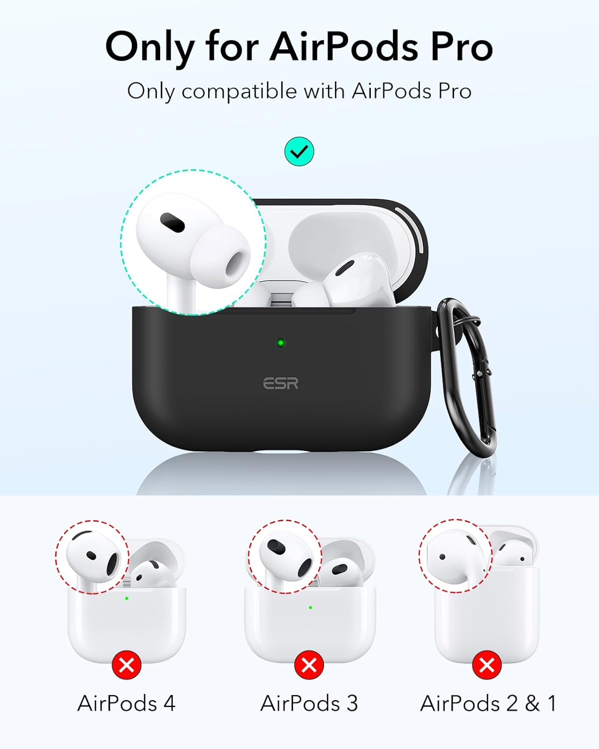 ESR for Airpods Pro 2 Case (Usb-C/Lightning Cable), Compatible with Airpods Pro Case (2023/2022/2019), Magnetic Lid, Full Drop Protection Cover with Carabiner, Cloud Series, Black image number 5