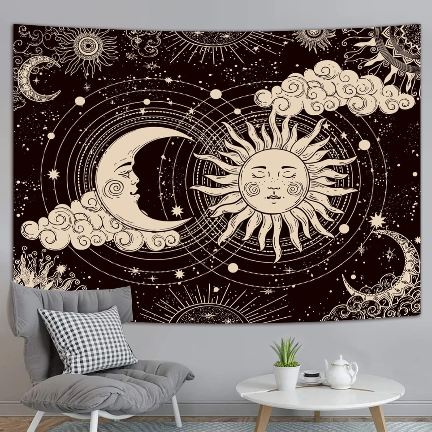 Sun and Moon Tapestry, Aesthetic Black Dark Spiritual Tapestries Mystic Burning Sun with Clouds Star Wall Hanging Decor for Bedroom (59.1" X 82.7") image number 5