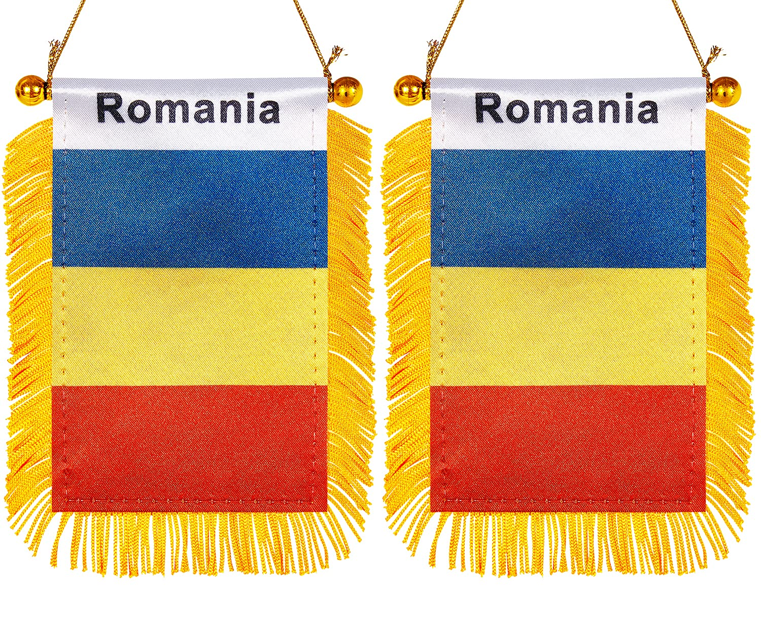 Zxvzyt 3 X 5 Inch Romania Window Hanging Flag Romanian Small Mini Car Flags Banners Rearview Mirror Decoration - with Suction Cup & Golden Fringy Banner(2 Pack)