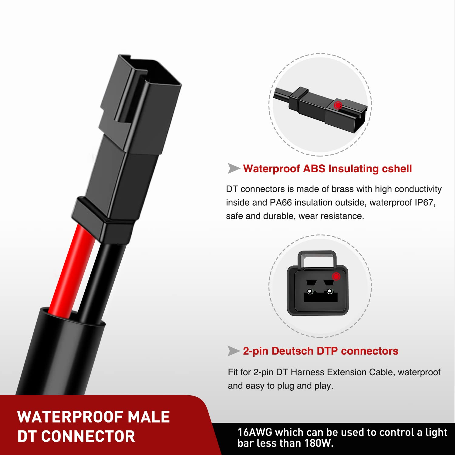 Nilight 2PCS 16AWG 10 Feet Wiring Harness Extension Kit, Extended Plug and Play 2-Pin Socket DT Connector Wire Cord for Offroad LED Light Bar Work Light Led Pod Driving Fog Boat Light image number 2