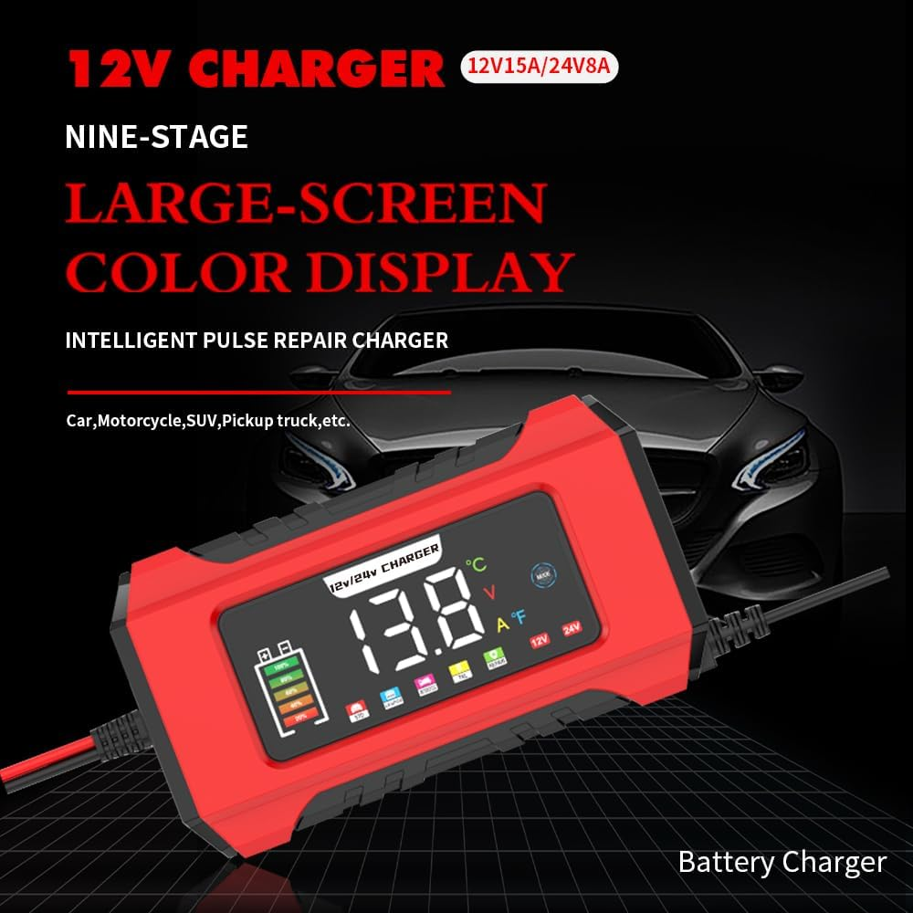 Car Battery Charger 15-Amp - 12V and 24V Smart Car Battery Charger AU Plug: Lead Acid 9-Stage Trickle Charger Smart Battery Maintainer W/Temp Compensation for Car Truck Lawn Mower Boat Marine image number 2