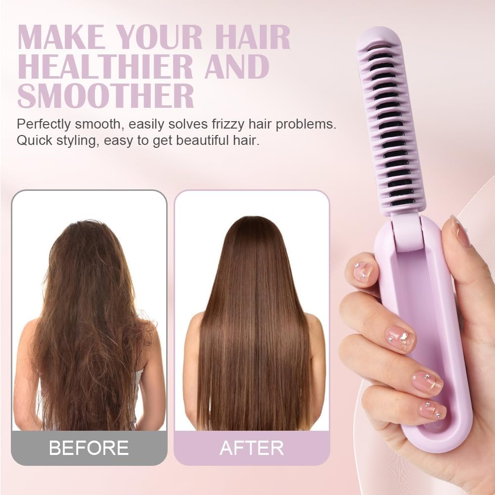 AOOWU Straightening Brush, Foldable Hair Straightener Brush, Beard Straightener for Men, Mini Electric Beard Straightener, Wireless Straightening Comb Prevents Hair Pulling, Quick Heating, 9 image number 3