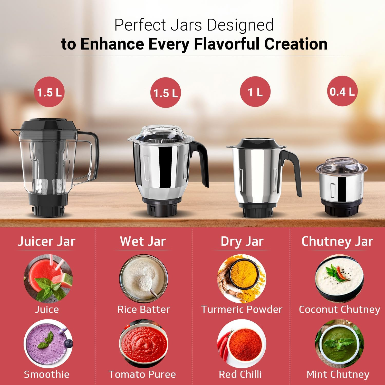 V-Guard Brillio 750 Watt Juicer Mixer Grinder, 3 Year Motor Coverage by V-Guard, 4 Jars(Chutney, Dry, Wet & Juicer), Sturdy Juicer Jar with Quadraflow Design, Precisionblend SS Blades | Mars Red image number 3
