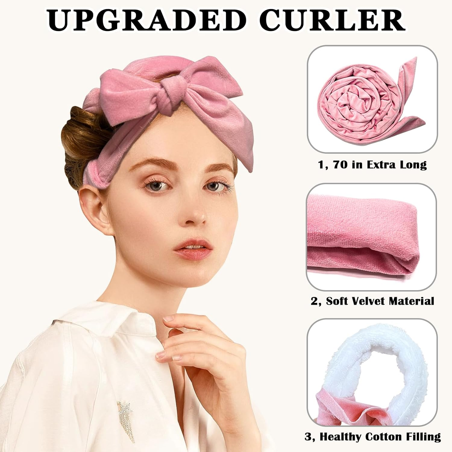Gwabee No Heat Overnight Curl Headband, 70" Soft Ribbon Curl Wrap for Long Hair - 9 PCS Rods Set with Bonnet, Pink - Black image number 4