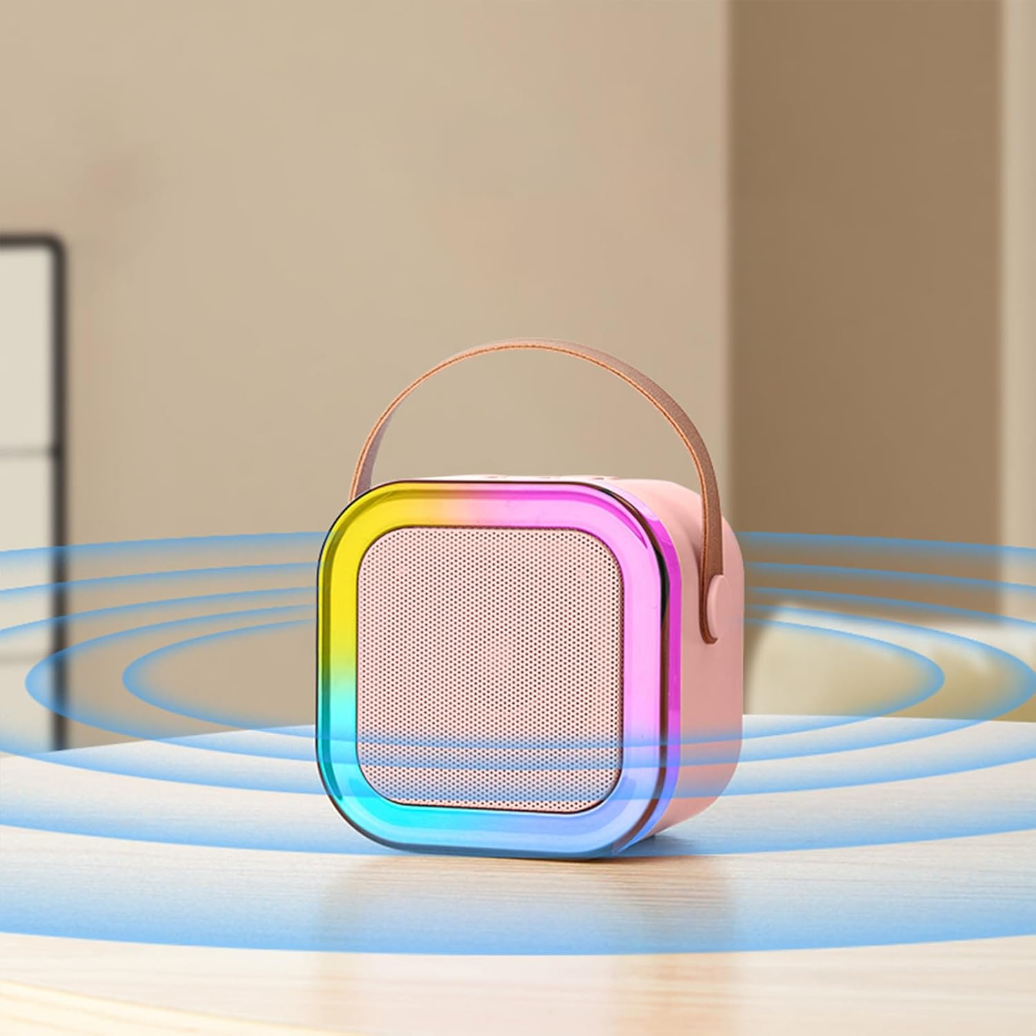 Mini Karaoke Machine for Kids and Adults Portable Bluetooth Speaker with 2 Wireless Microphones Pink Color image number 4