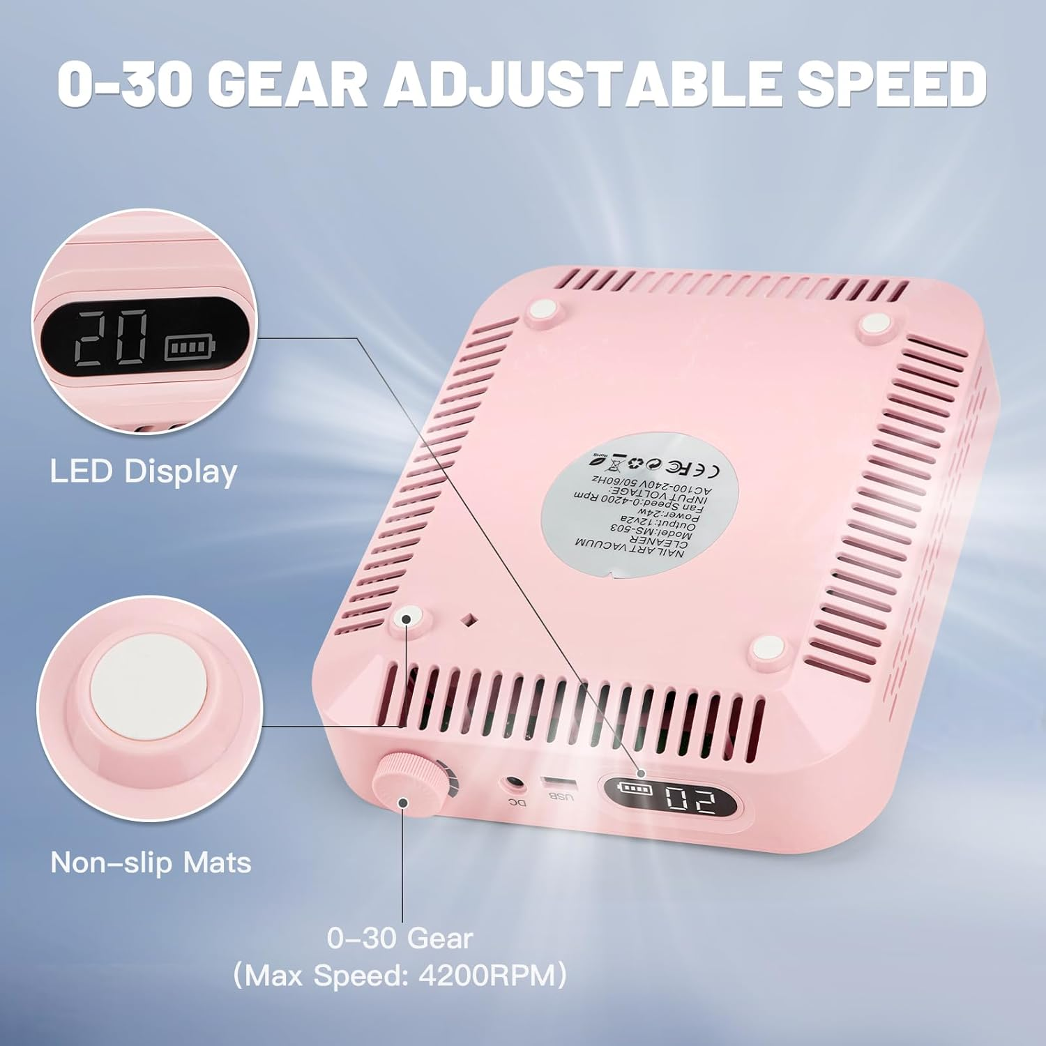 Madenia Rechargeable Nail Dust Collector: 56W Professional and Powerful Nail Vacuum Cleaner with 30000RPM Adjustable Speed - Quiet Nail Vacuum Extractor for Nail Studio & Home (Pink) - Pink image number 2