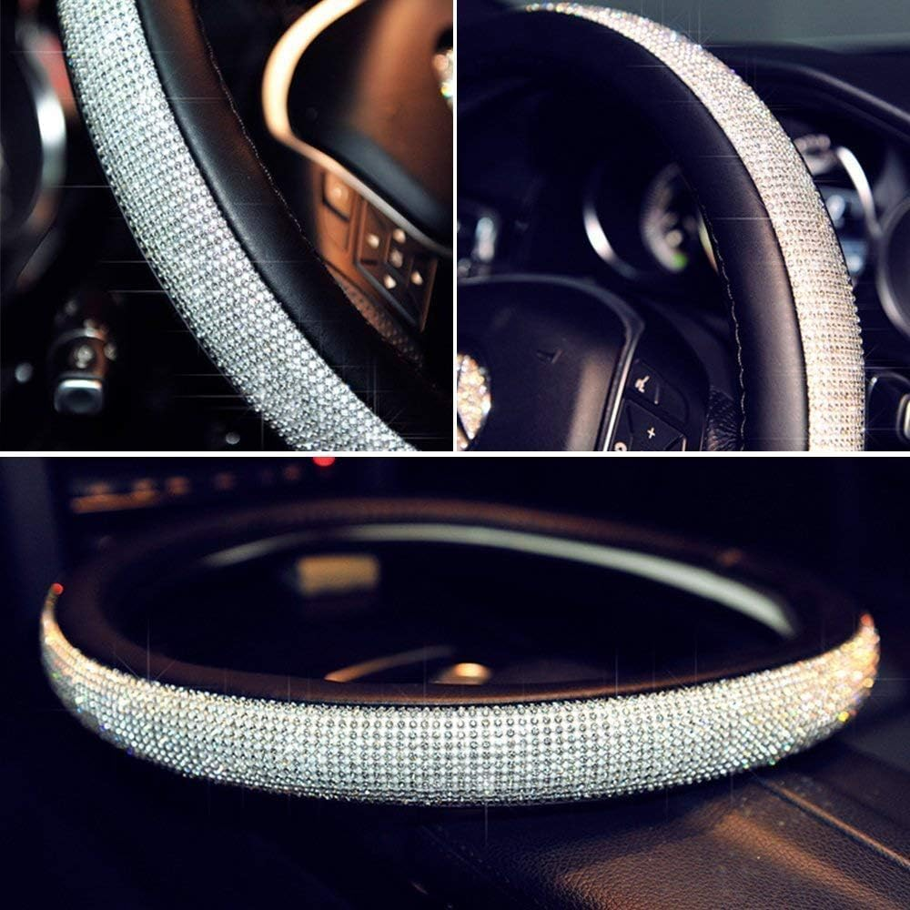 TOYOUN Bling Crystal Car Steering Wheel Covers, Universal Fit Glitter Leather Car Interior Steering Wheels Accessories for Women Girls Ladies(Gold/Silver) Silver - Pink image number 5